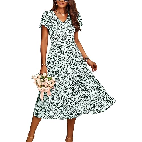 BTFBM Women Casual Summer Short Ruffles Tiered Sleeve Smocked Midi Dresses Bohemian Floral V Neck Wedding Guest Long Dresses