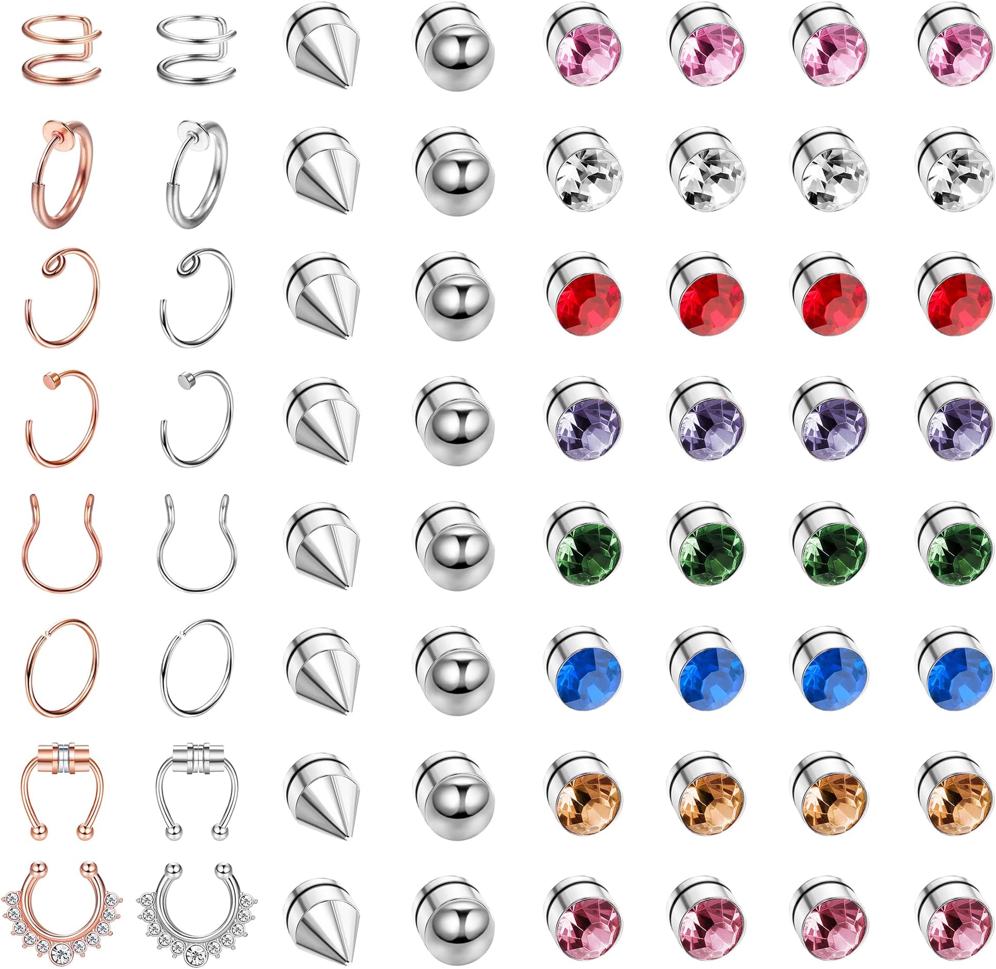Subiceto Fake Nose Rings Stainless Steel Inlaid Cz Piercing Jewelry Fake Nose Ring Stud Spring Clip on Circle Hoop Balls Spike Pretend Nose Ring No Pierced Magnetic Septum Nose Ring for Women Men