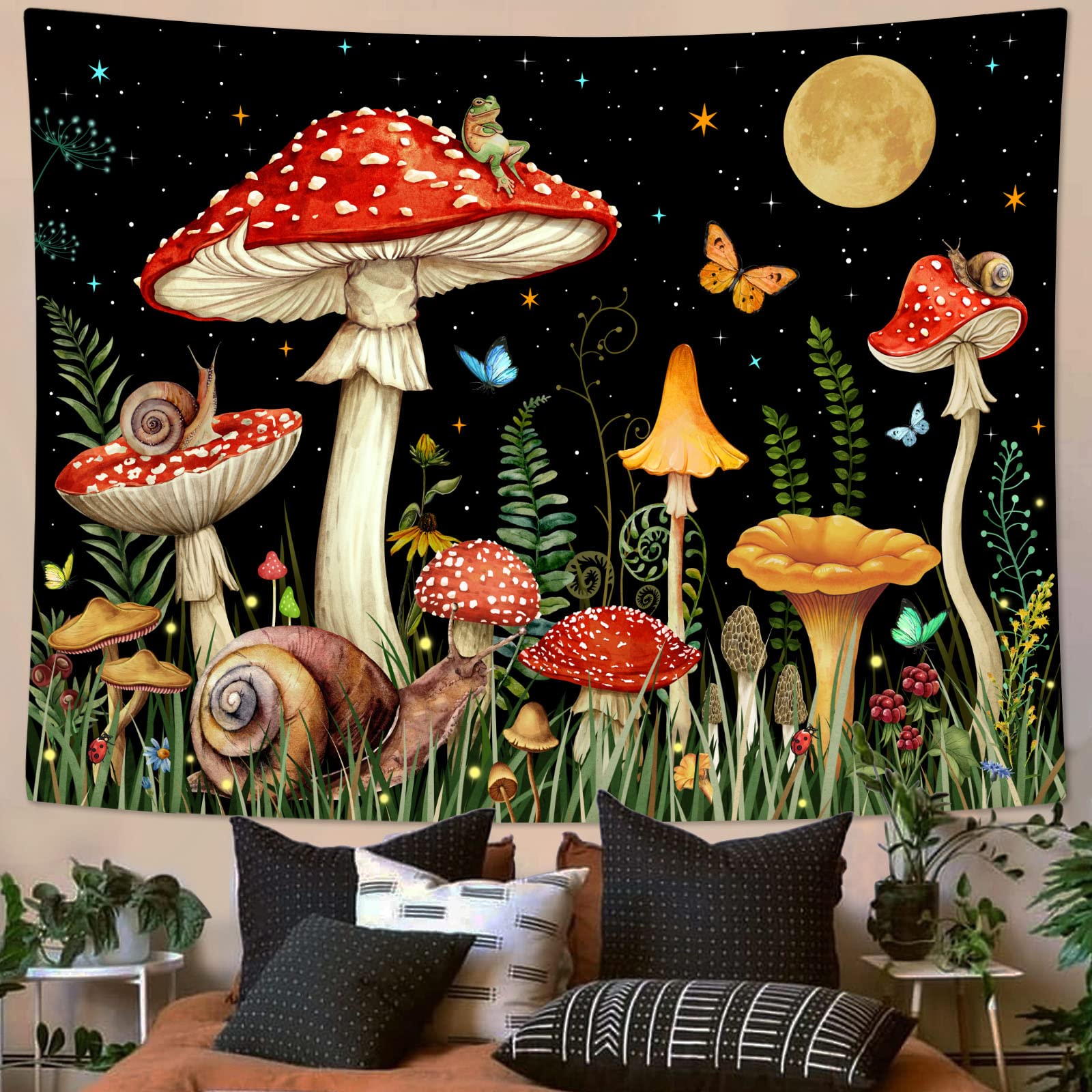 Zussun Red Mushroom Tapestry Moon Star Tapestries for Bedroom Aesthetic Starry Night Green Plant Tapastrys Wall Hanging Butterfly Snail Frog Wall