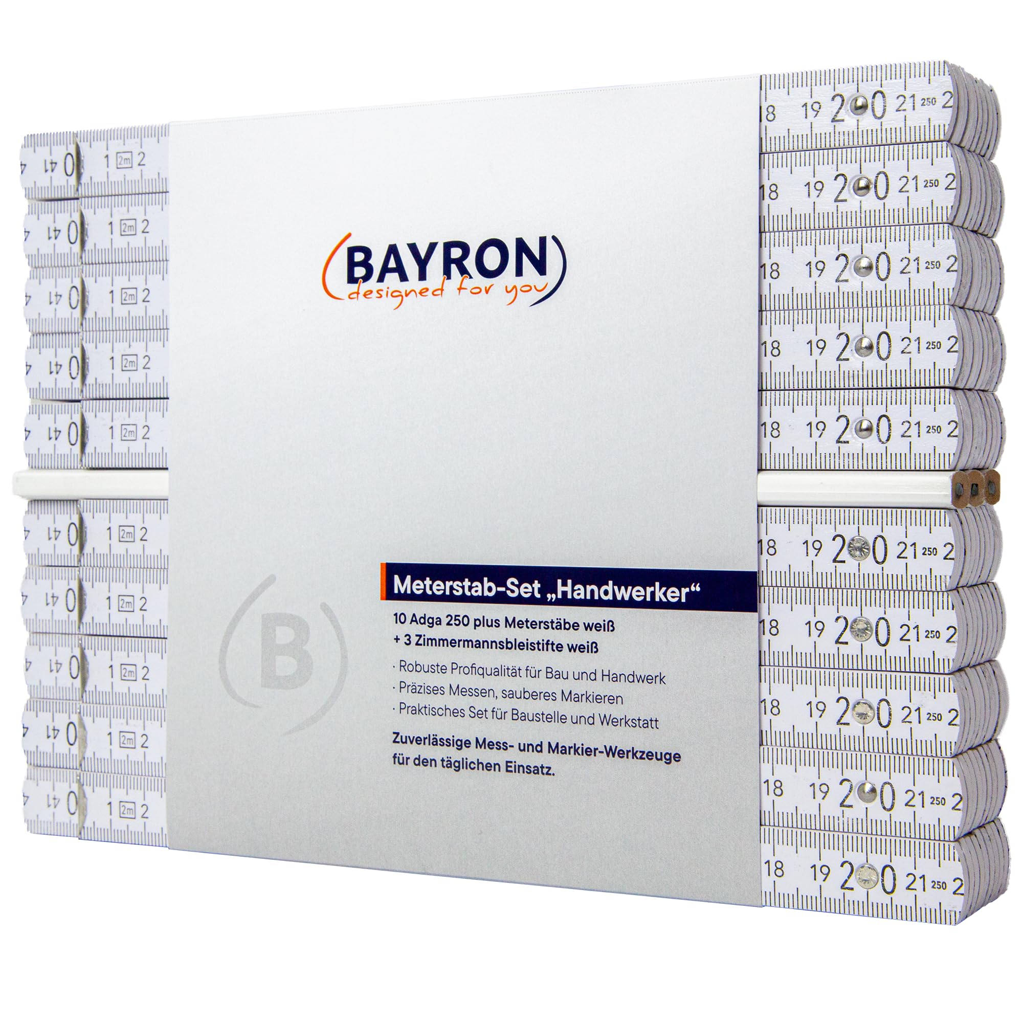 BAYRON Holz-Meterstab-Set Handwerker | 10 x ADGA 250 plus 2m Weiß Metallgelenk, 90°-Rastung, Winkelfunktion, MADE IN GERMANY | 3 x BAYRON Zimmermannsbleistift