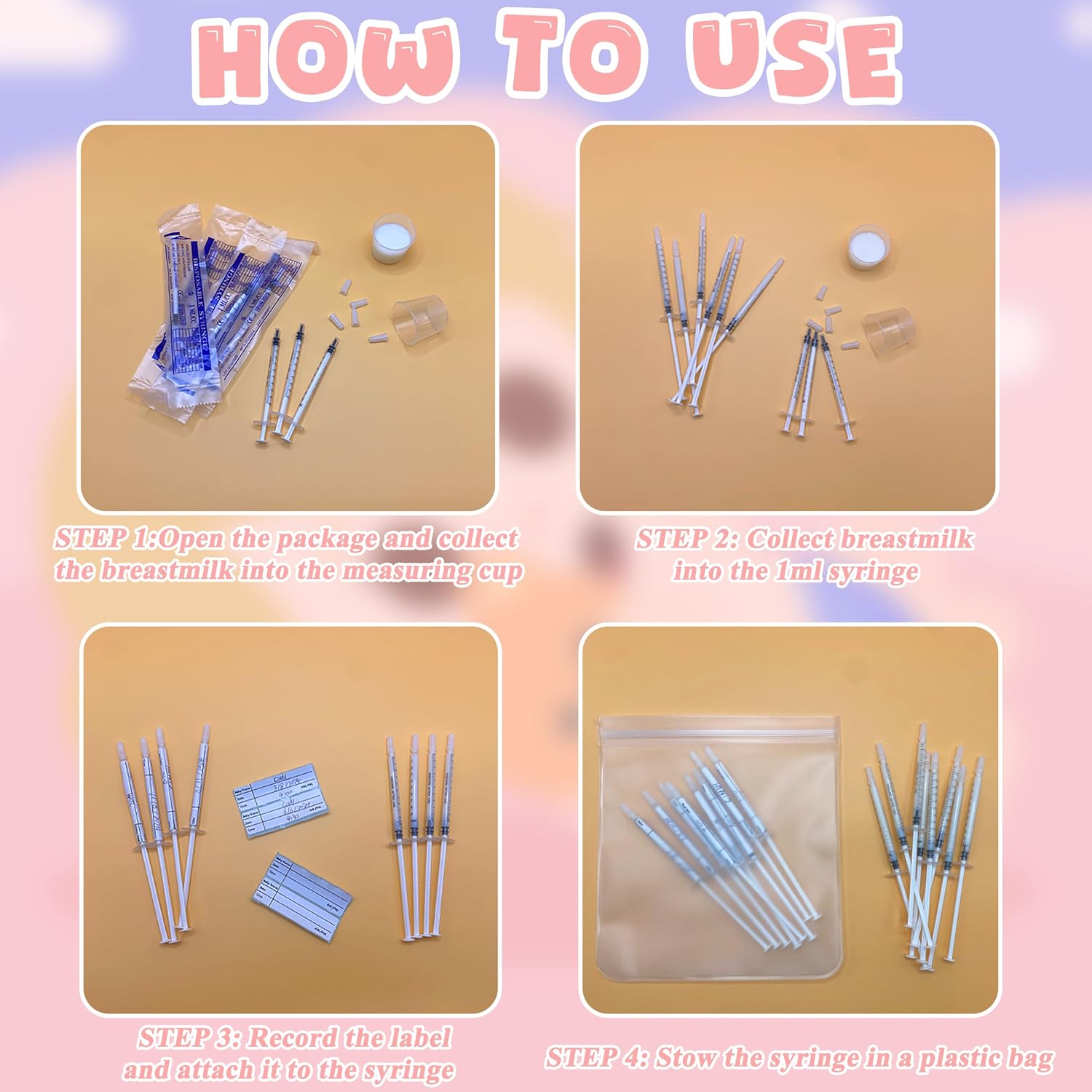 50PCS Colostrum Collector Kit Include 1ml Breastmilk Collector Syringes with Caps 4Pcs Measuring Cups 60 Stickers and Collection Bag Breast Colostrum Collection Gift Set for Breastfeeding