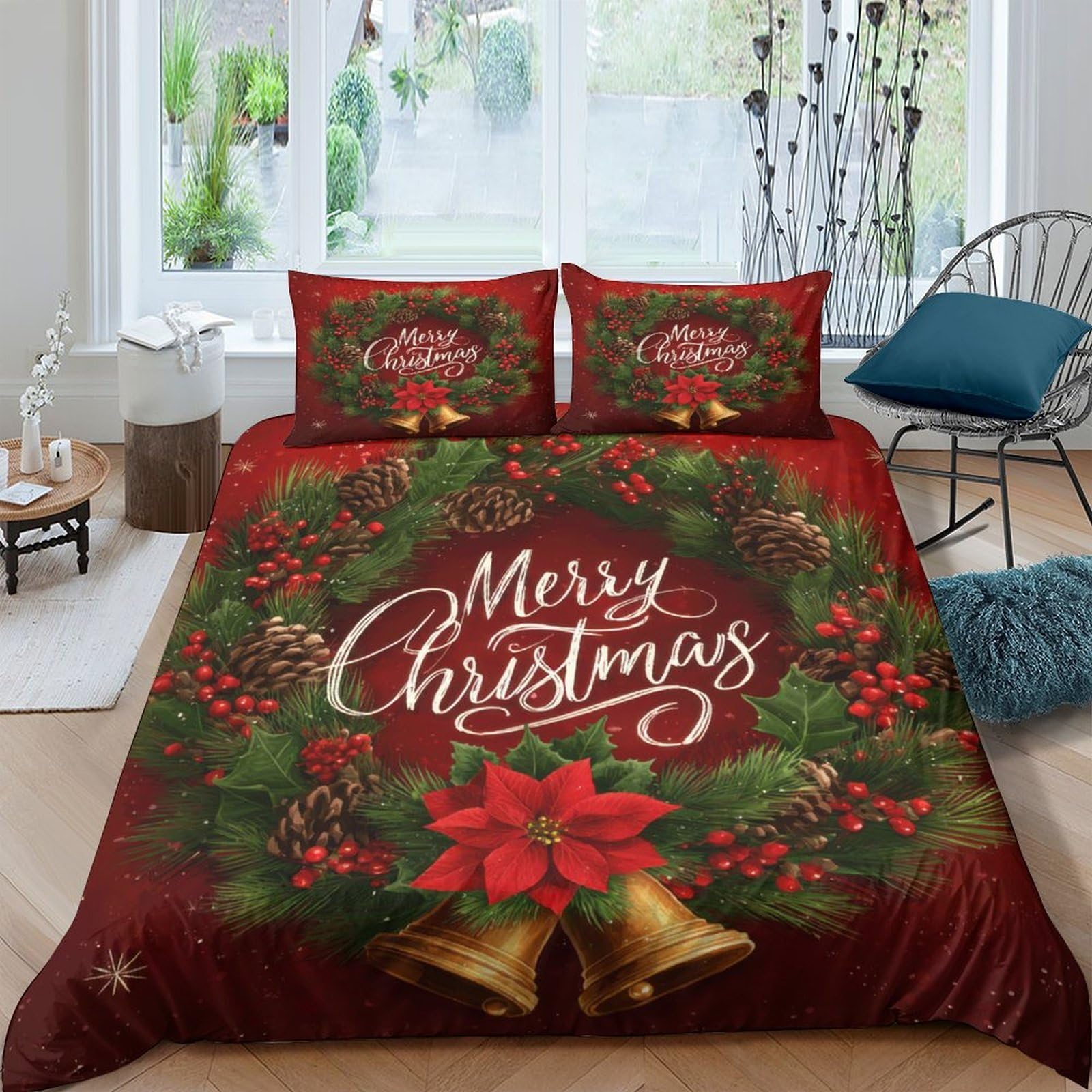 K3v9r6n2a Style-3 3D Printed Christmas Wreath Quilt Cover, Microfiber Duvet Cover Hidden