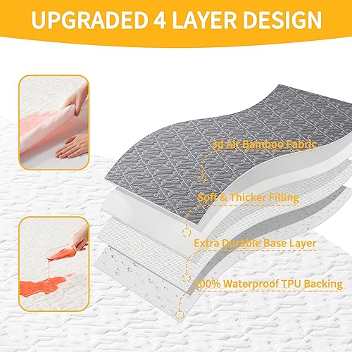 Miniatura 4 de Protector de colchón impermeable tamaño King, funda de colchón gris bambú de tela de aire 3D, transpirable y silenciosa, sábana bajera ajustable con