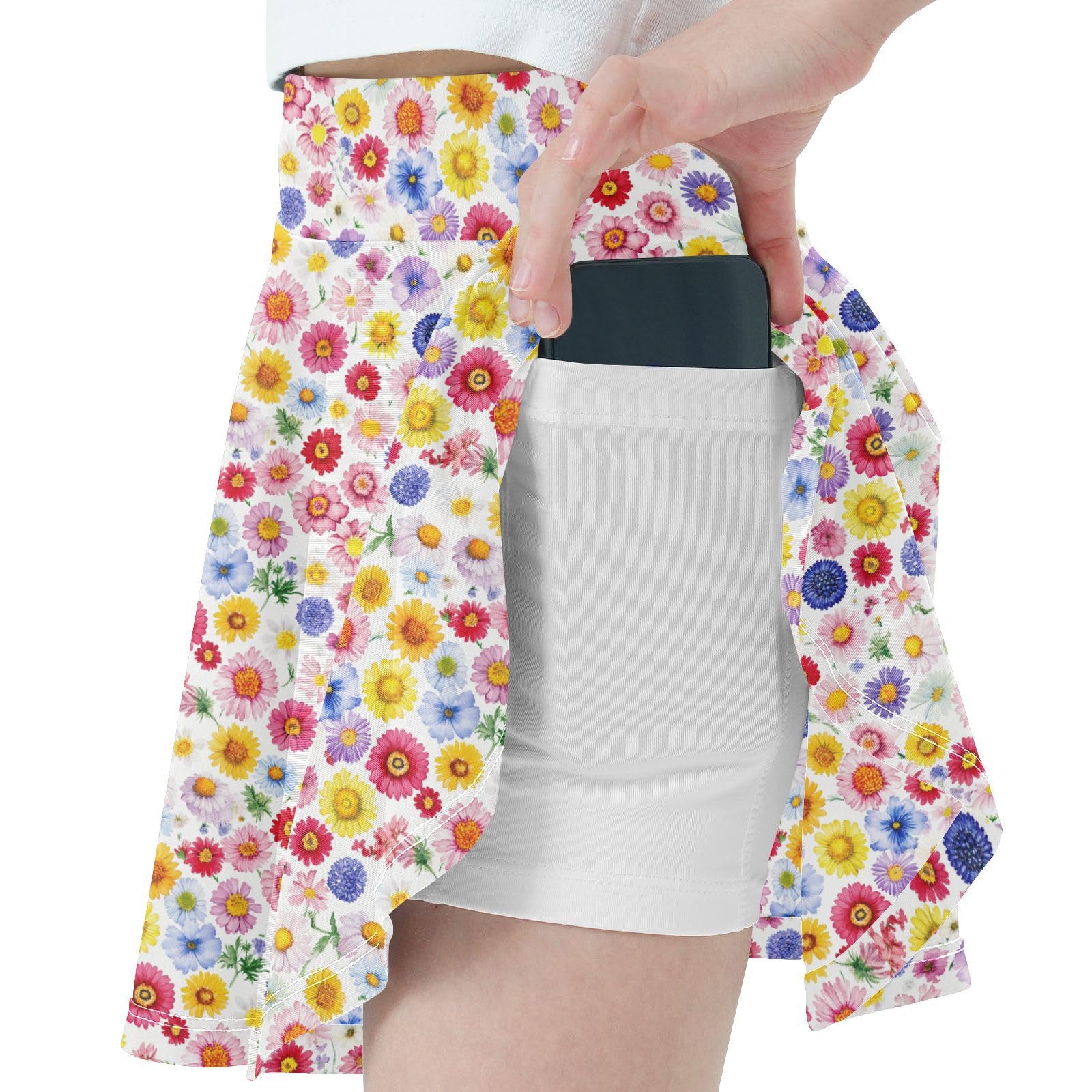 JUNZAN Daisies Colorful Tennis Skirt for Girls with Shorts Flowy Kids Pleated Skort with Pockets Little Girls Golf Skort