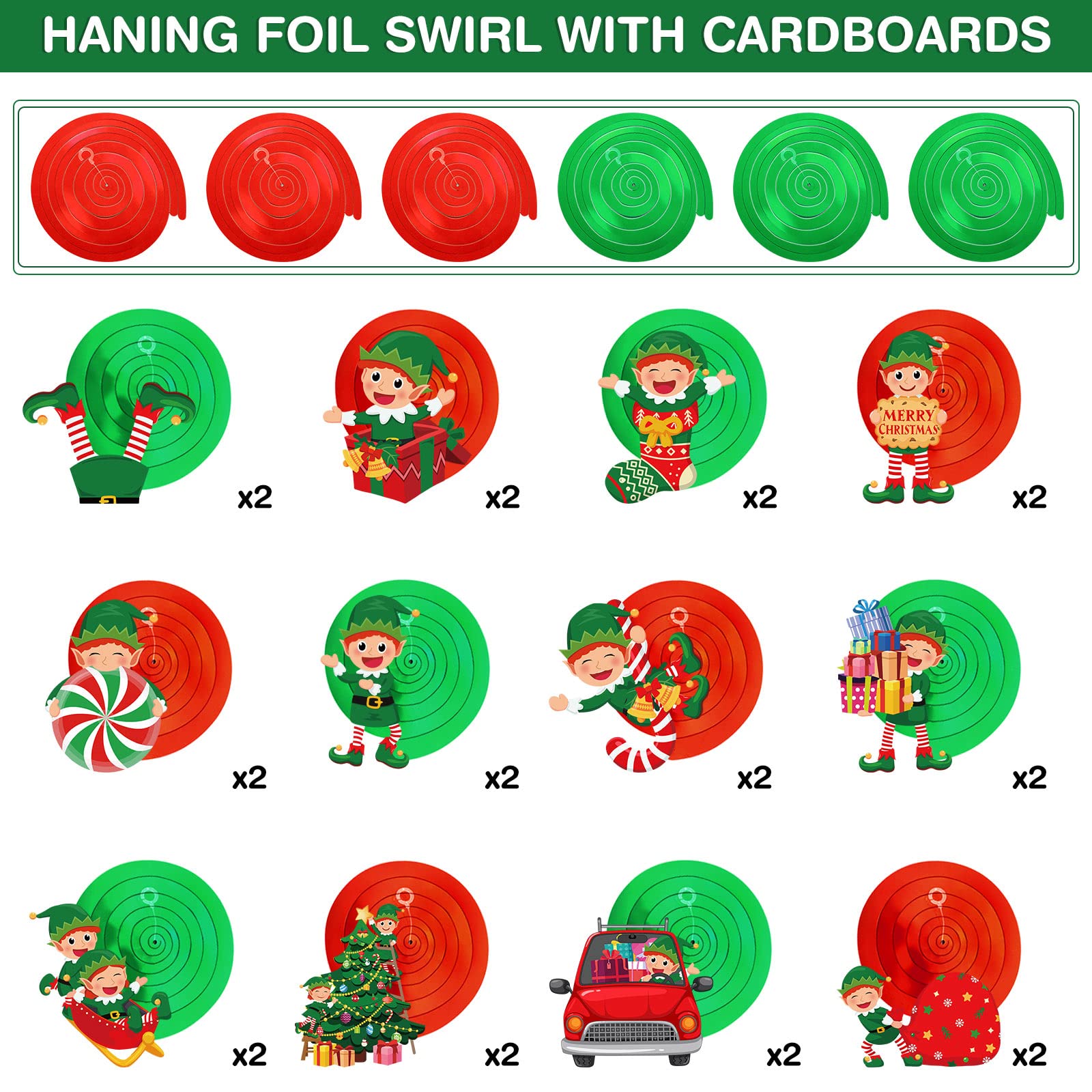 Zomiboo 53 Pcs Christmas Hanging Swirls Decorations Christmas Candy Gingerbread Man Elves Truck Red Cardinals Christmas Ceiling Decor Ornaments for Christmas Tree Xmas Holiday Party Supplies (Elf) - Image 3