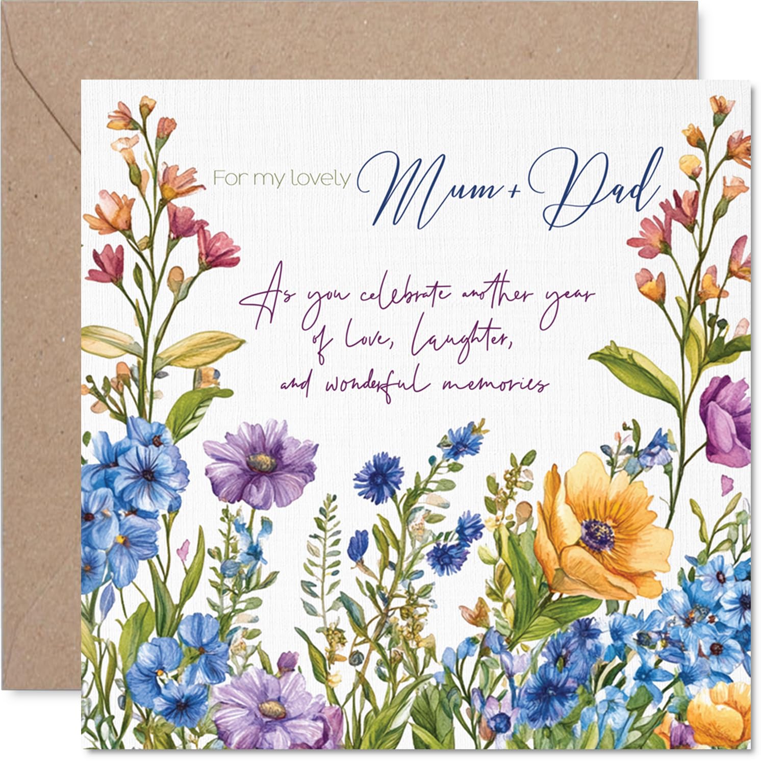 Mum Dad Anniversary Card - Floral Garden Flowers - Happy Wedding Anniversary Card for Mum Dad from Son Daughter, 145mm Anniversaries Greeting Cards