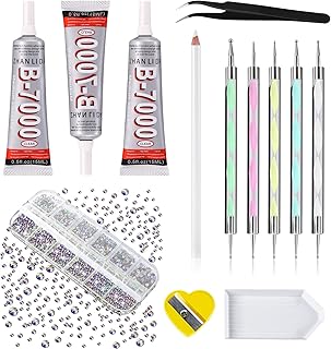 Rhinestones for Crafts with B-7000 Glue, 2016Pcs Crystals AB Flatback Rhinestones with 3PCS 15ml Adhesive Glue, 5 Dotting ...