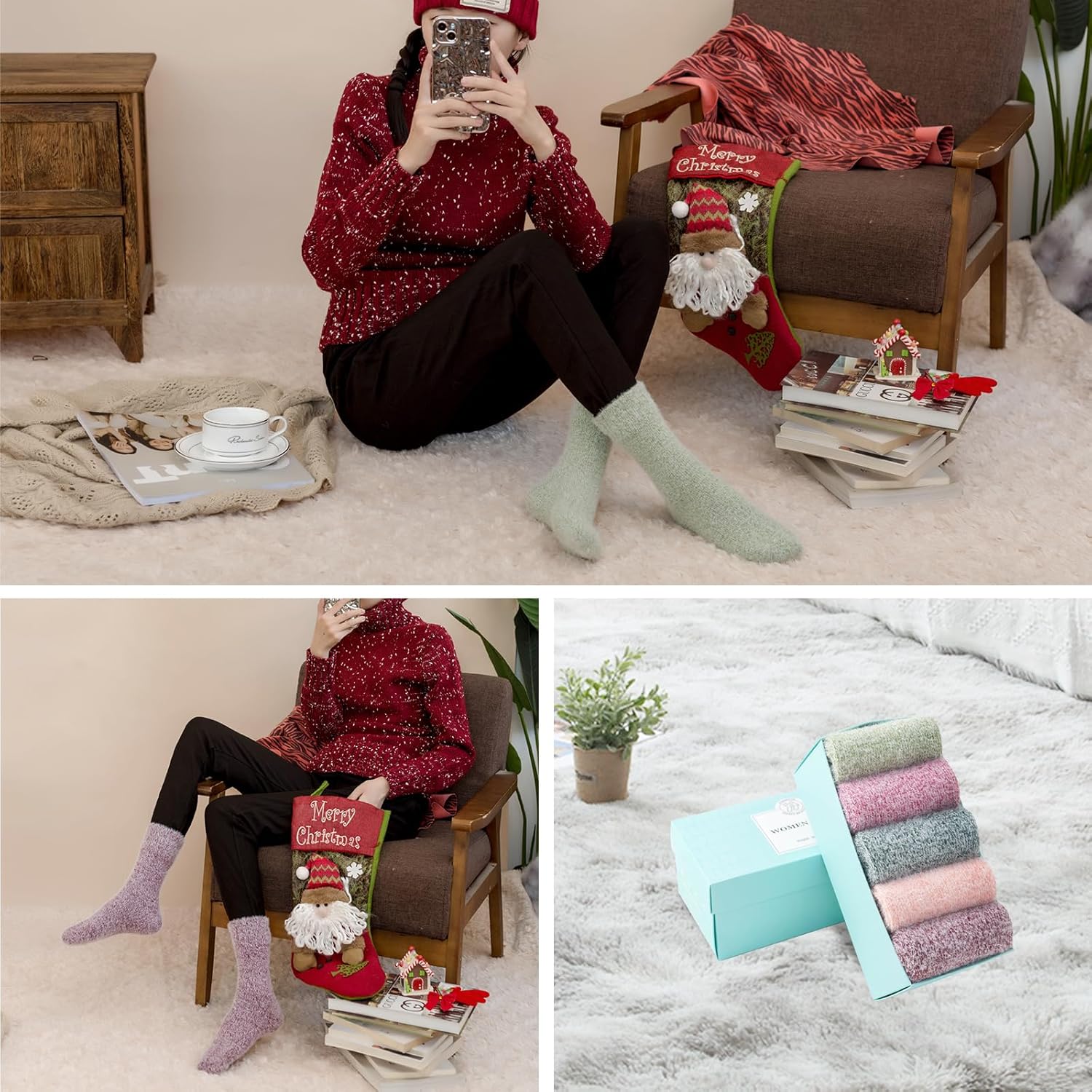 SISOSOCK 5 Pairs Fuzzy Soft Cozy Fluffy Socks for Women, Casual Warm Sleep Comfy Socks, Thick Winter Plush Gifts for Women - Image 2