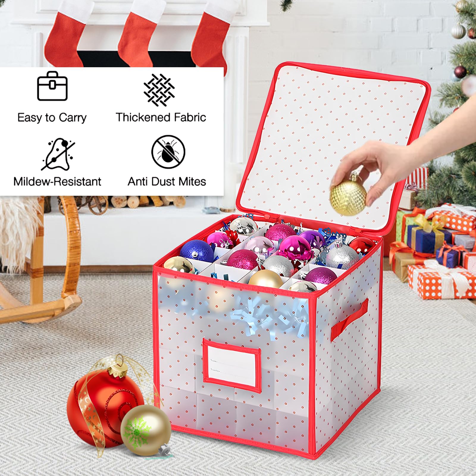 Contenitore per palline di Natale, trasparente, quadrato, con divisori, 64 scomparti, scatola pieghevole per decorazioni natalizie