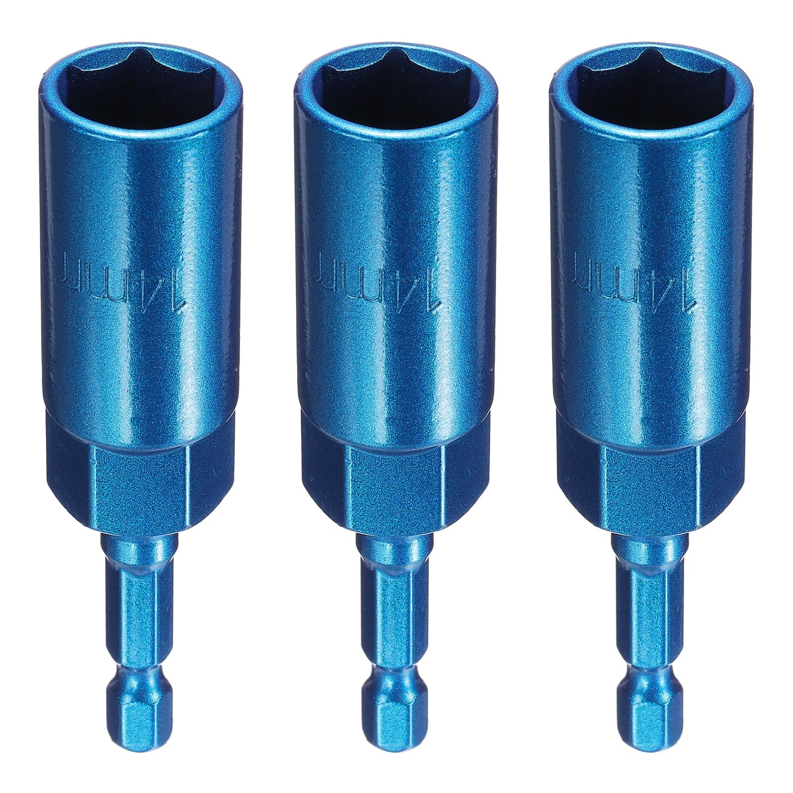 sourcing map 3pcs Nut Driver Drill Bit 14mm Metric Socket 1/4" Hex Shank 3.15" (80mm) Extra Long 6-Point Sockets Quick Change Cr-V Steel Bolt Setters for Power Drill Drivers, Blue