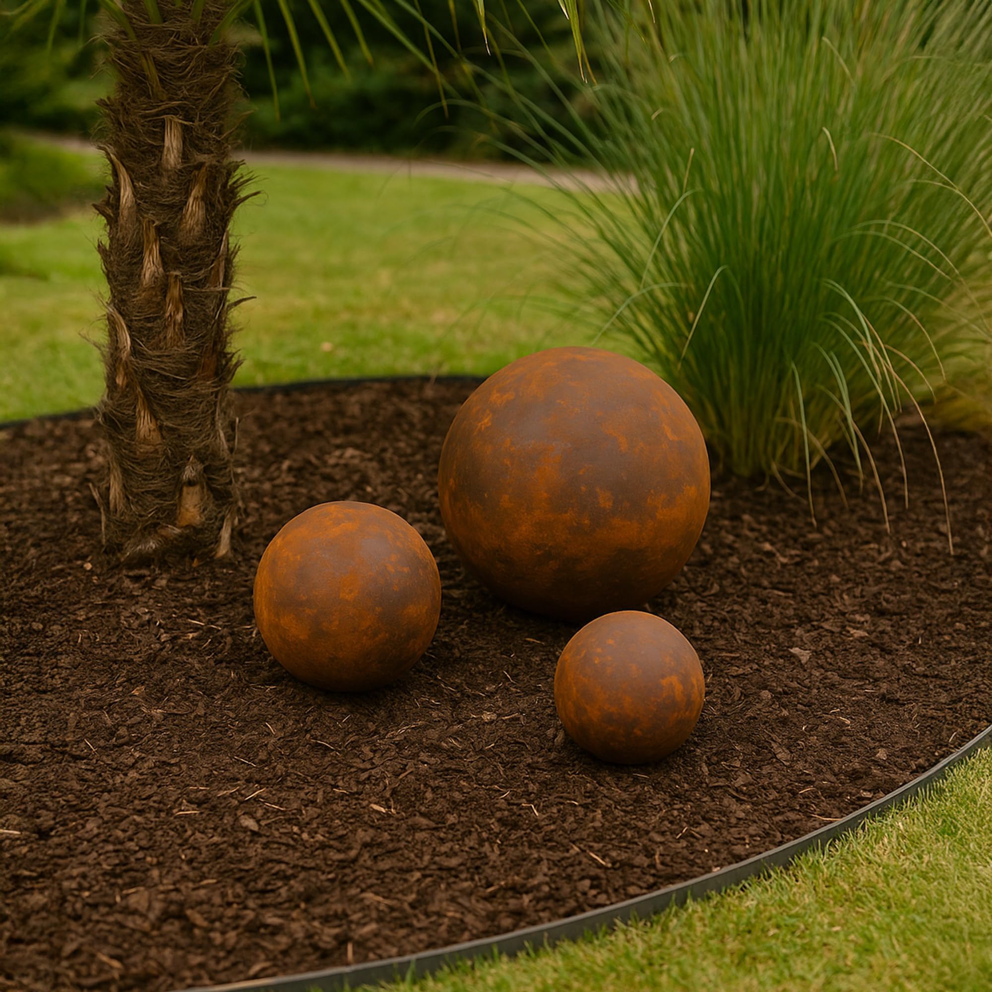 Sfera decorativa da giardino in metallo diametro 30 cm effetto ruggine