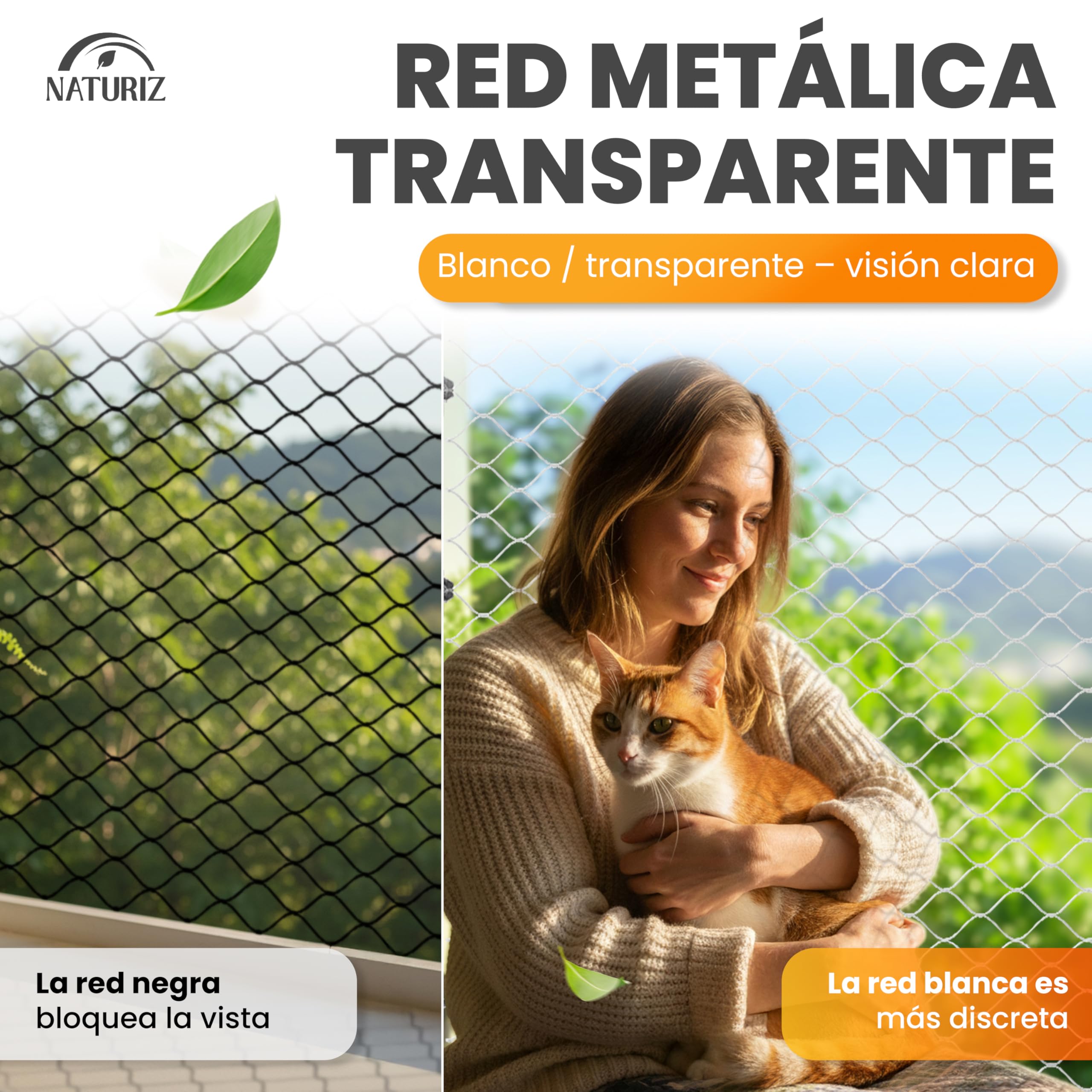 Naturiz Red para gatos para balcón sin agujeros, 3 x 4 m, red para gatos reforzada con alambre transparente/blanco, incluye ganchos adhesivos, red de protección para gatos para balcón y ventana, red