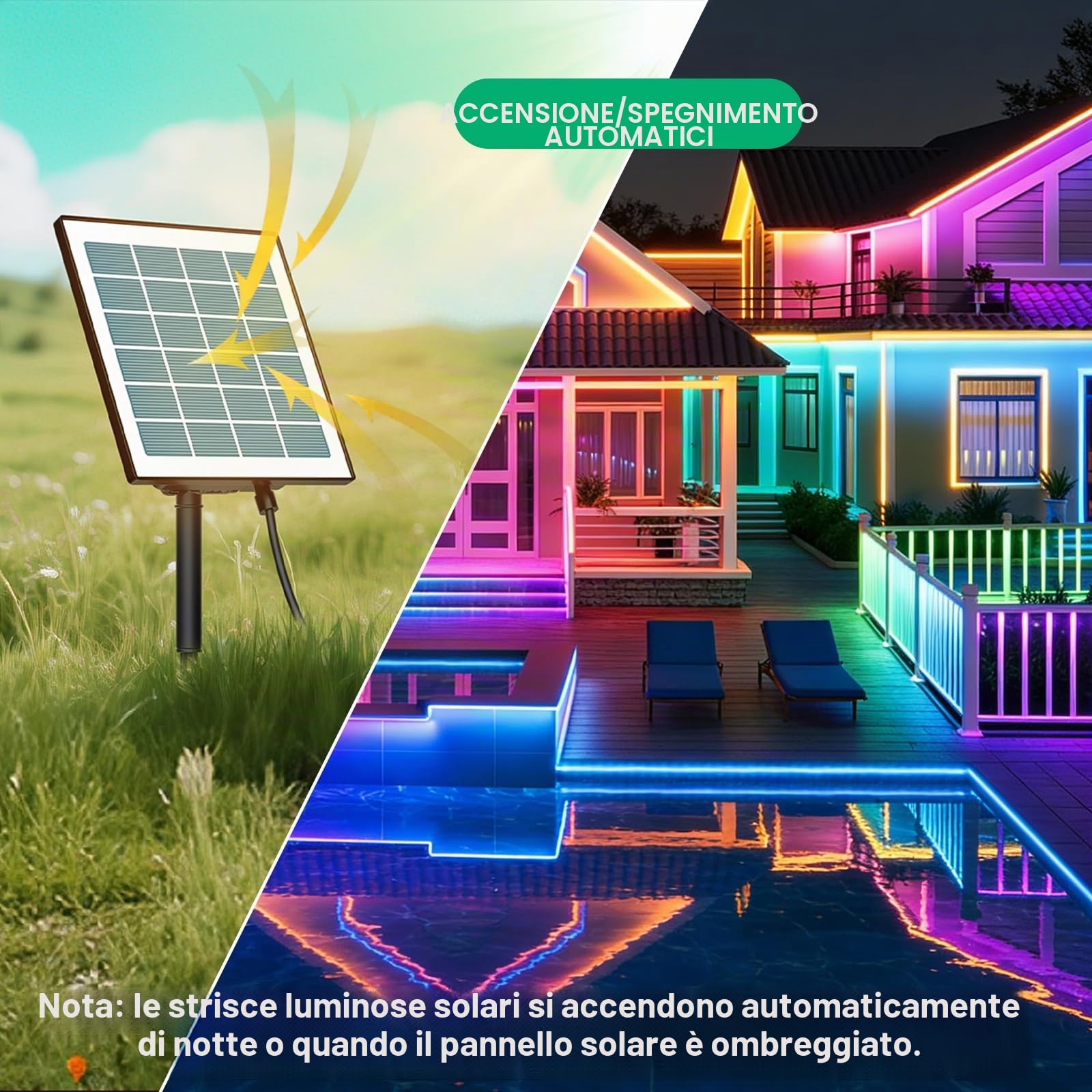 Striscia LED per esterni, impermeabile, 15 m RGBCW, striscia LED solare per esterni, autoadesiva, accensione/spegnimento automatico, 16 colori e 4 modalità, con telecomando