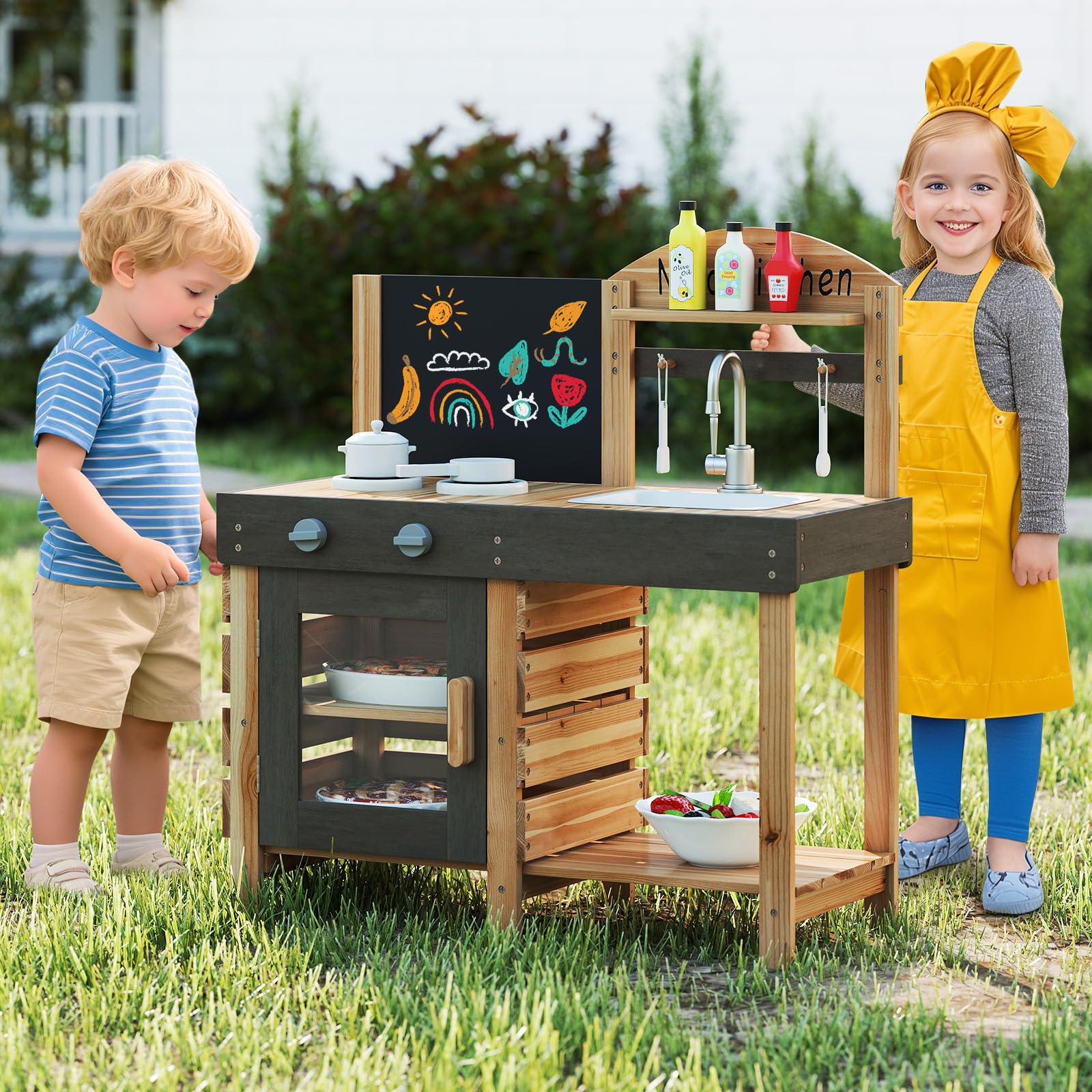 COSTWAY Cuisine Extérieure Enfant avec Tableau Noir & Four, Cuisine de Boue en Bois avec Évier & Robinet, 5 Accessoires, Étagère de Rangement, Jouet de Simulaiton pour Enfant de 3 Ans+