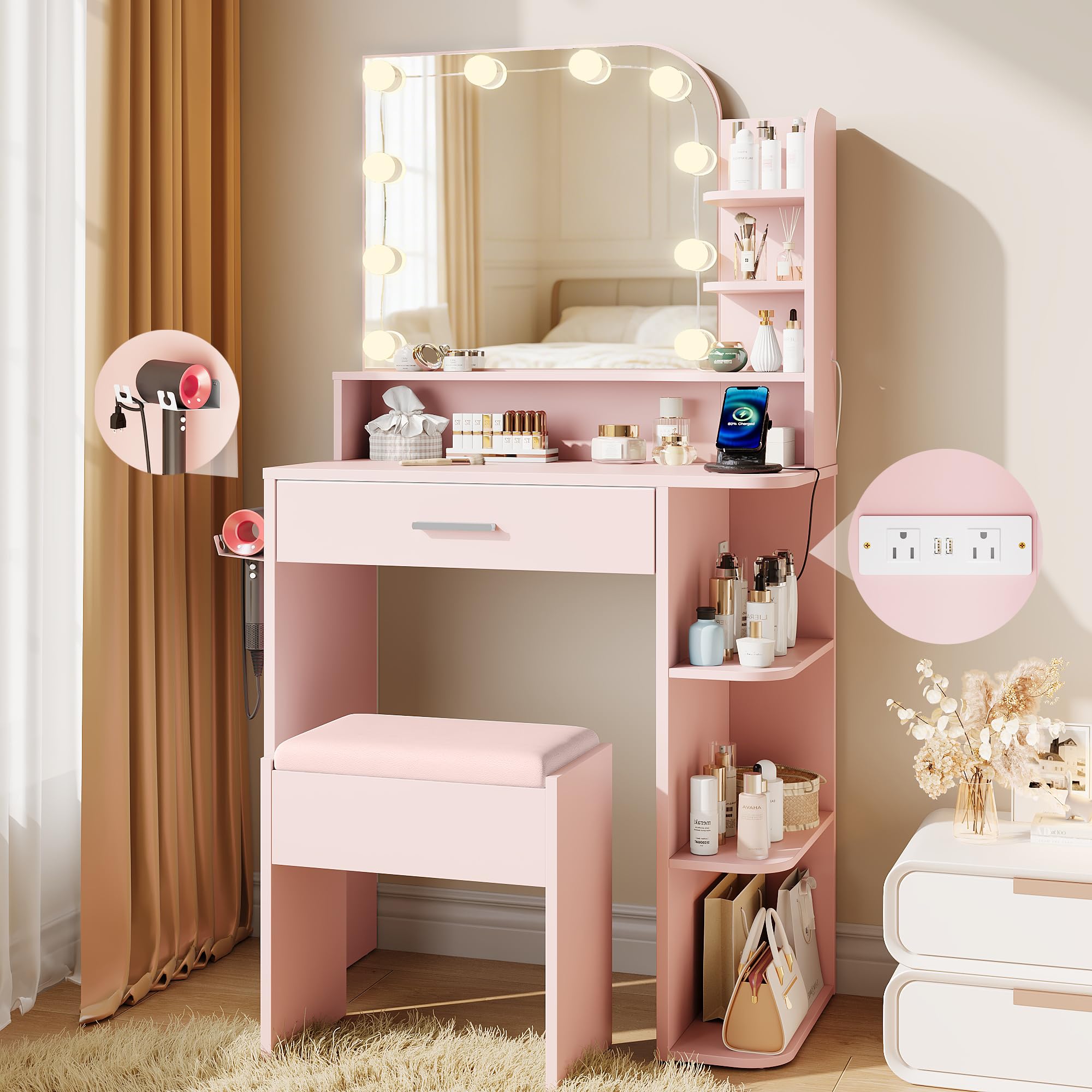 wanan Pink Vanity, Set with Chair, Big Mirror & Lights