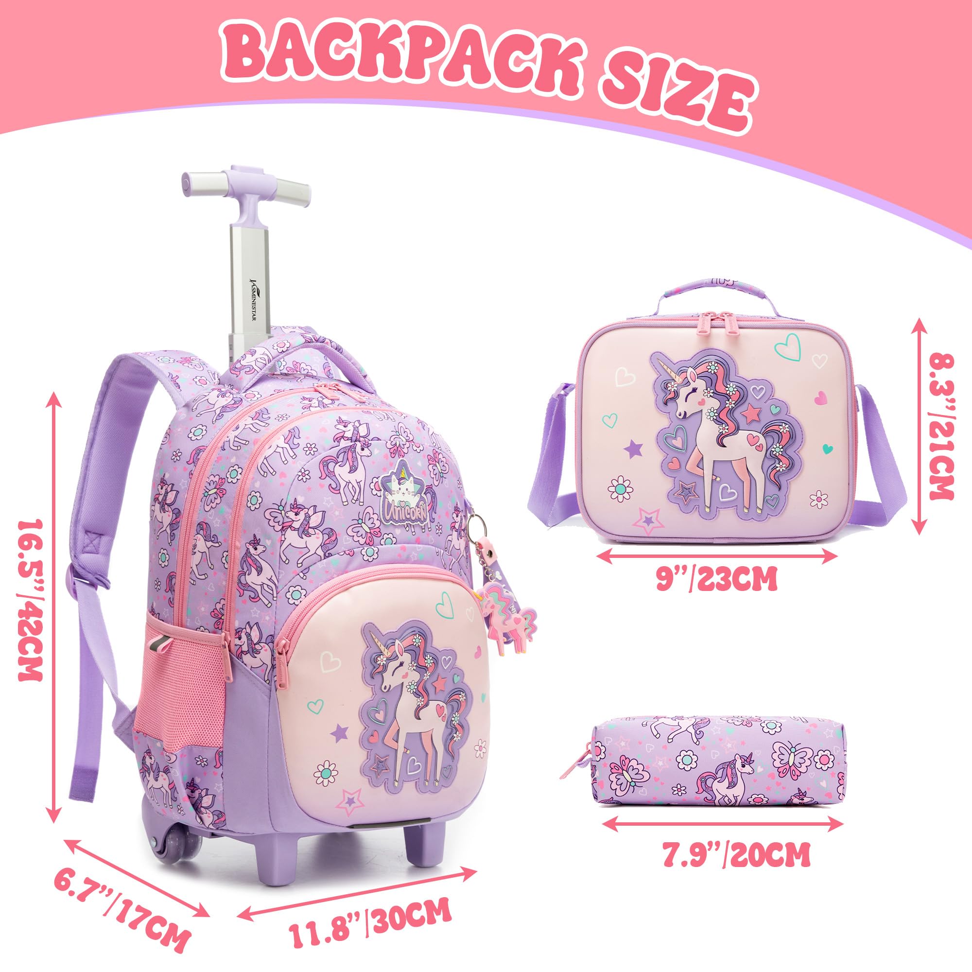 HTgroce 3-Teiliges Schulranzen mit Rollen Mädchen Einhorn, Ergonomisch Schulranzen Trolley inkl. Lunchtasche & Federmäppchen Grundschule Schultasche für Schule & Reisen