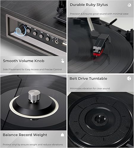 Miniatura 7 de Vangoa Tocadiscos de vinilo con 2 altavoces estéreo, tocadiscos de 3 velocidades accionados por correa para discos de vinilo compatible con entrada