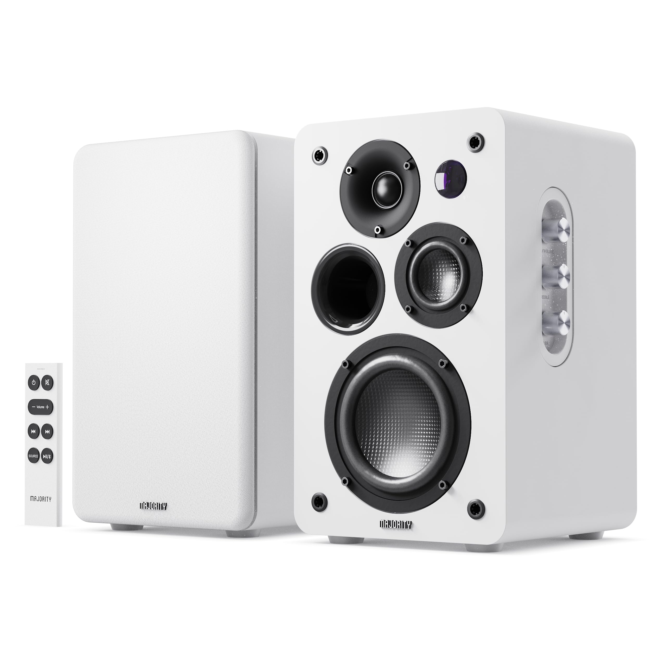 MAJORITY D100X Altavoces Bluetooth Activos | Altavoces HiFi Estéreo 2.0 | 100W | Altavoz para PC, TV, Giradiscos | HDMI ARC, Phono, RCA & AUX (Blanco)