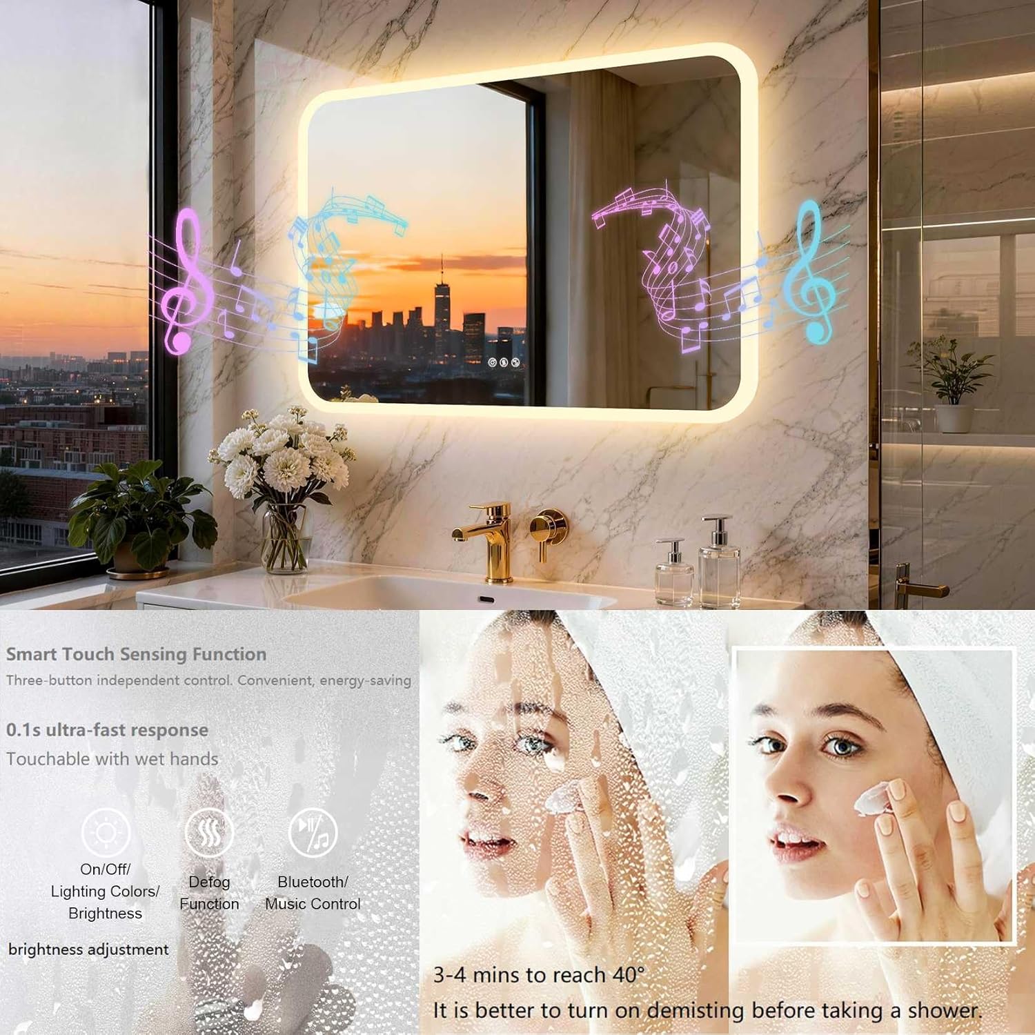 LUVODI Rectangle LED Bathroom Mirror: Smart Bluetooth Vanity Mirror Front-Lit Defogger Stepless Dimming, 27.6x39.4 inch