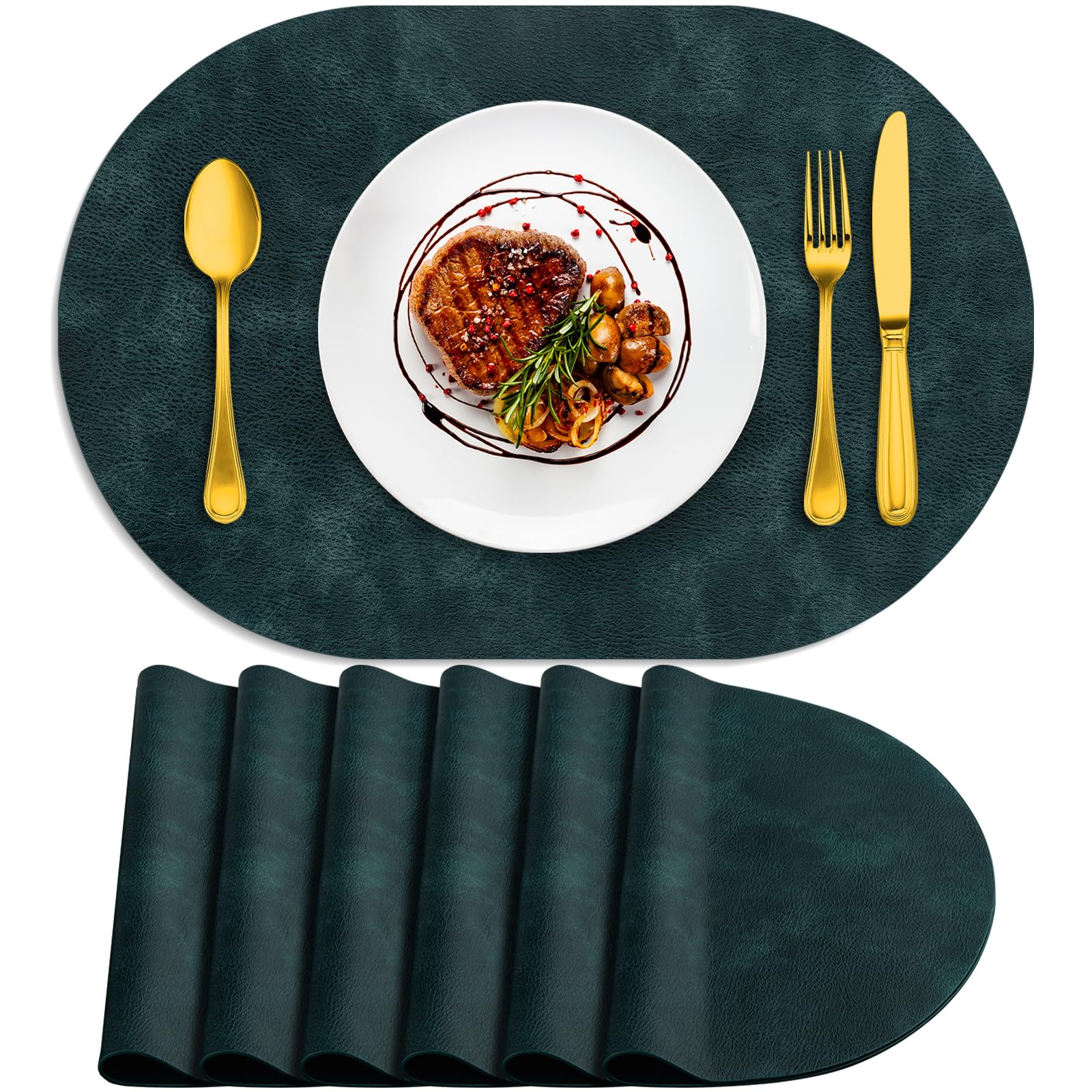 ADRIMER Placemats, Heat Resistant Oval Placemats Set of 6 Washable 12 x 17 Inch, Waterproof Table Mats, Wipeable Pu Place Mats for Kitchen, Dining
