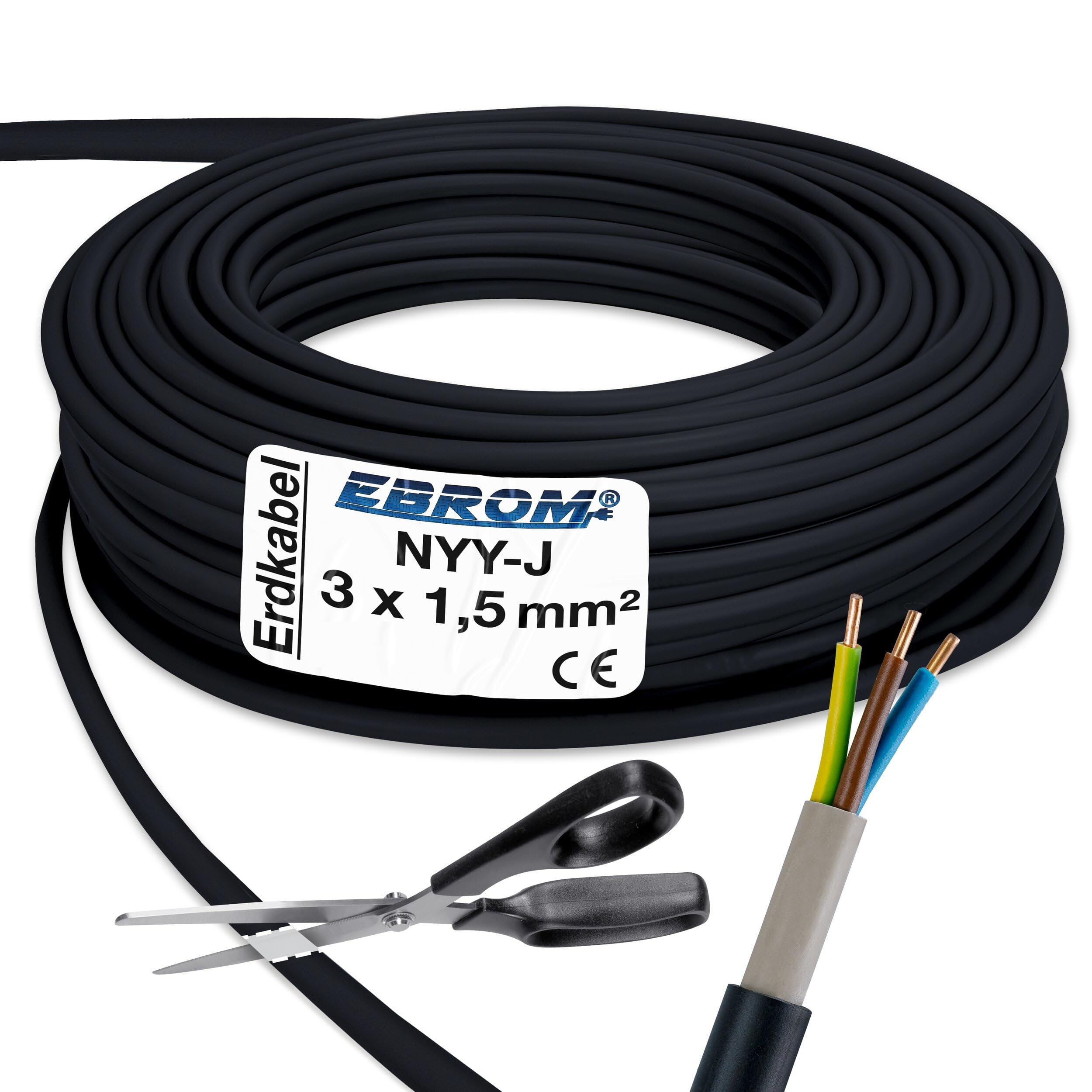 EBROM Erdkabel NYY-J 3x1,5 mm² Starkstromkabel Erdleitung schwarz - 30 m | 10 bis 150m - Elektrokabel zur Verlegung im freien oder im Erdreich - VDE 0276, Teil 603 - Nennspannung: 600/1000V, 3x1,5 mm2