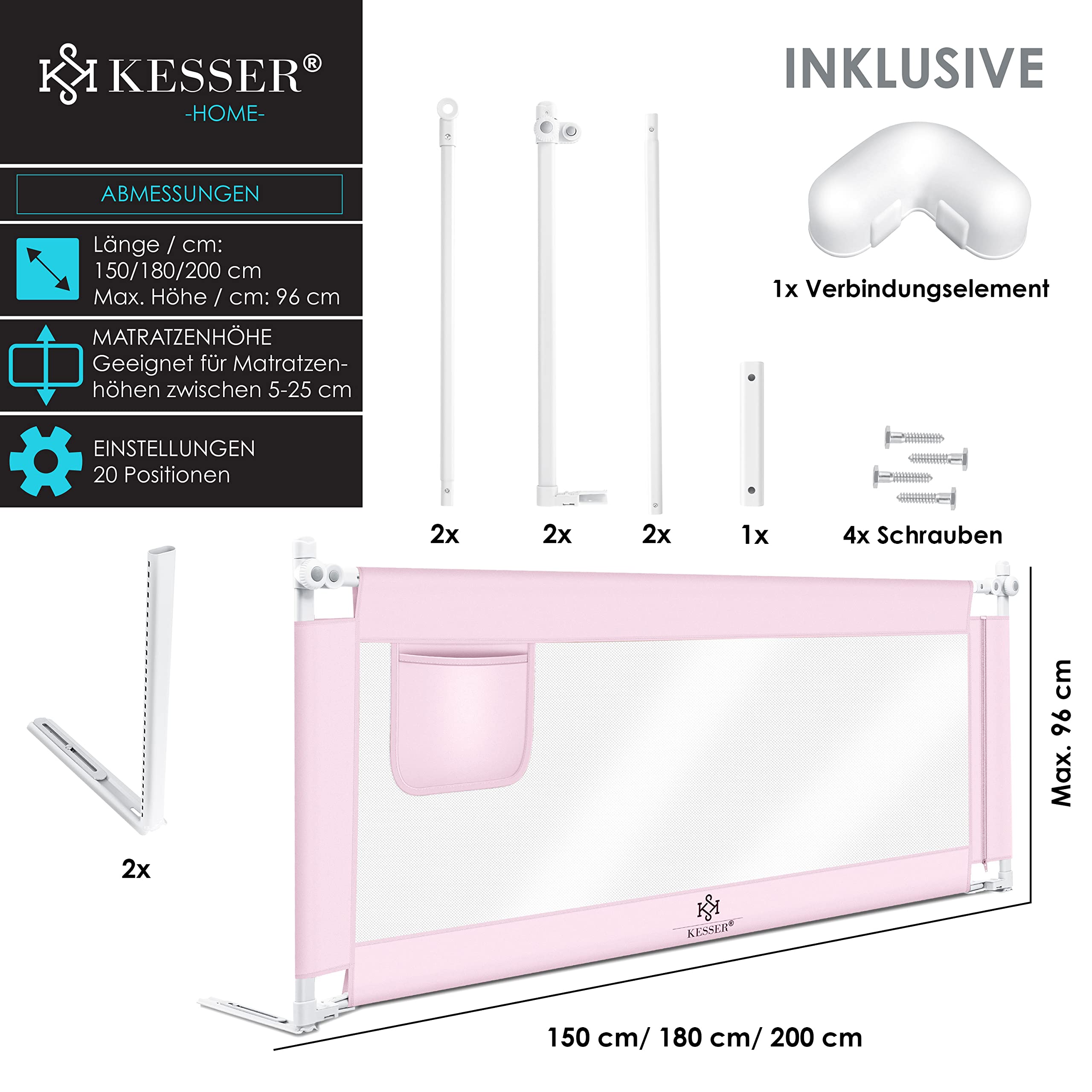 KESSER® Barrera de Cama de 180cm, para niños, Plegable, para Cuna, Cama Infantil, Protección contra Caídas, Cama y Cama con somier Alto: 72 hasta 96 cm, Rosa