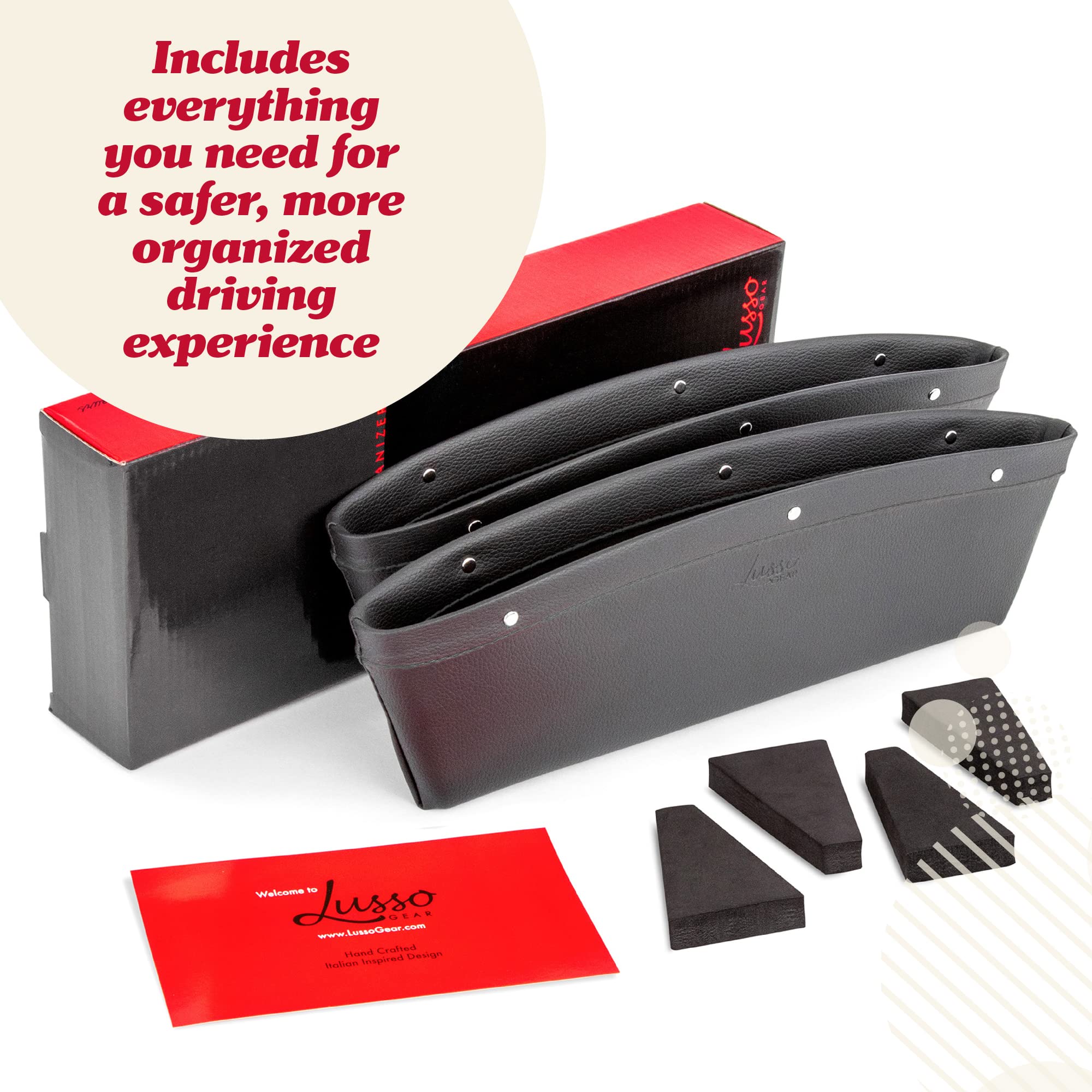 Lusso Gear Car Seat Gap Organizer 2 Pack, Vegan Leather Car Seat Gap Filler Organizer with Universal Fit, Adjustable Gap Filler for Car for iPhone, Android, Glasses, Keys, and More (Red)