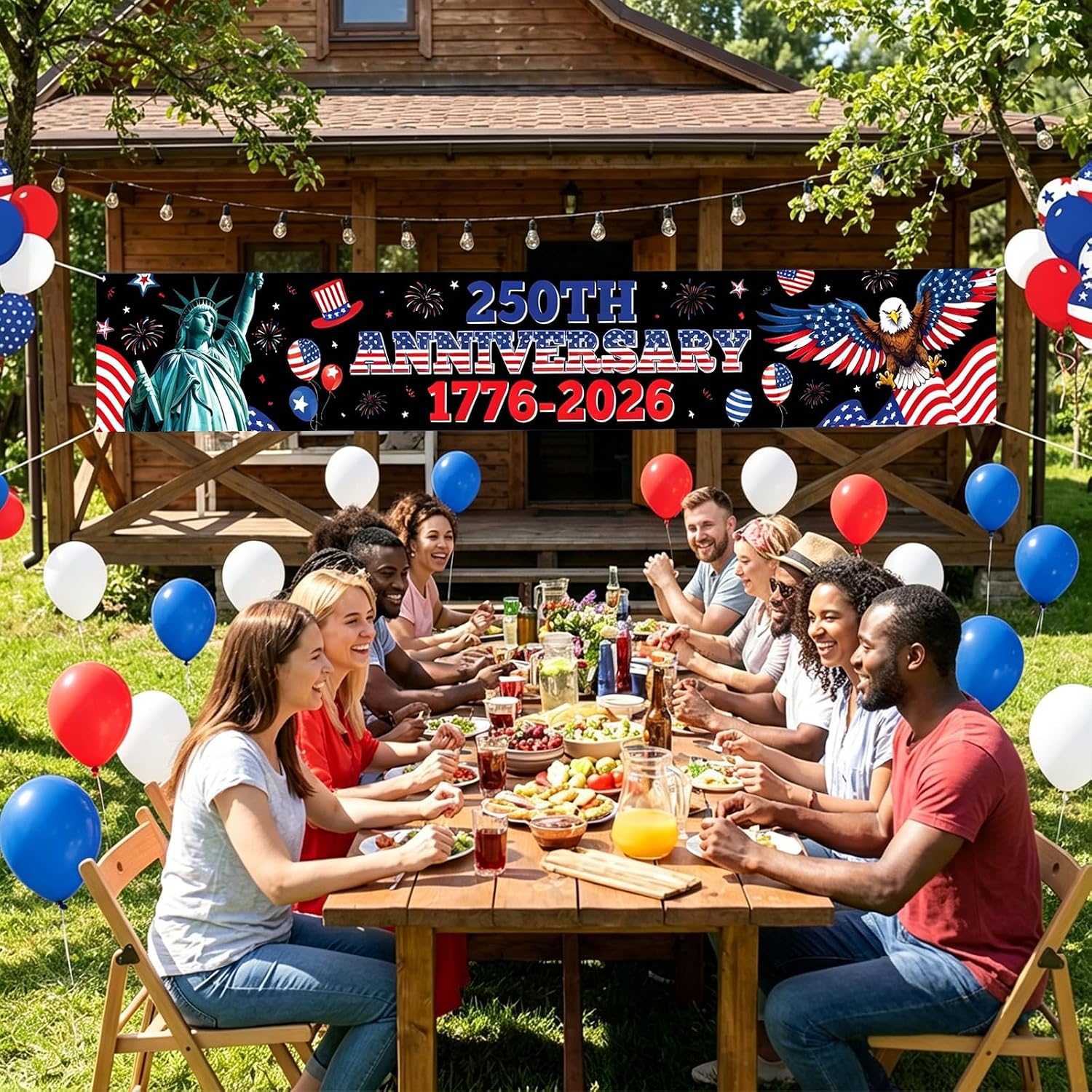 250 Anniversary American Banner, 4th of July USA 250th Birthday Yard Banner Party Decorations for Outdoor, 1776-2026 Patriotic Flags with Balloons for Home Outdoor Indoor Garden Party Decor Supplies