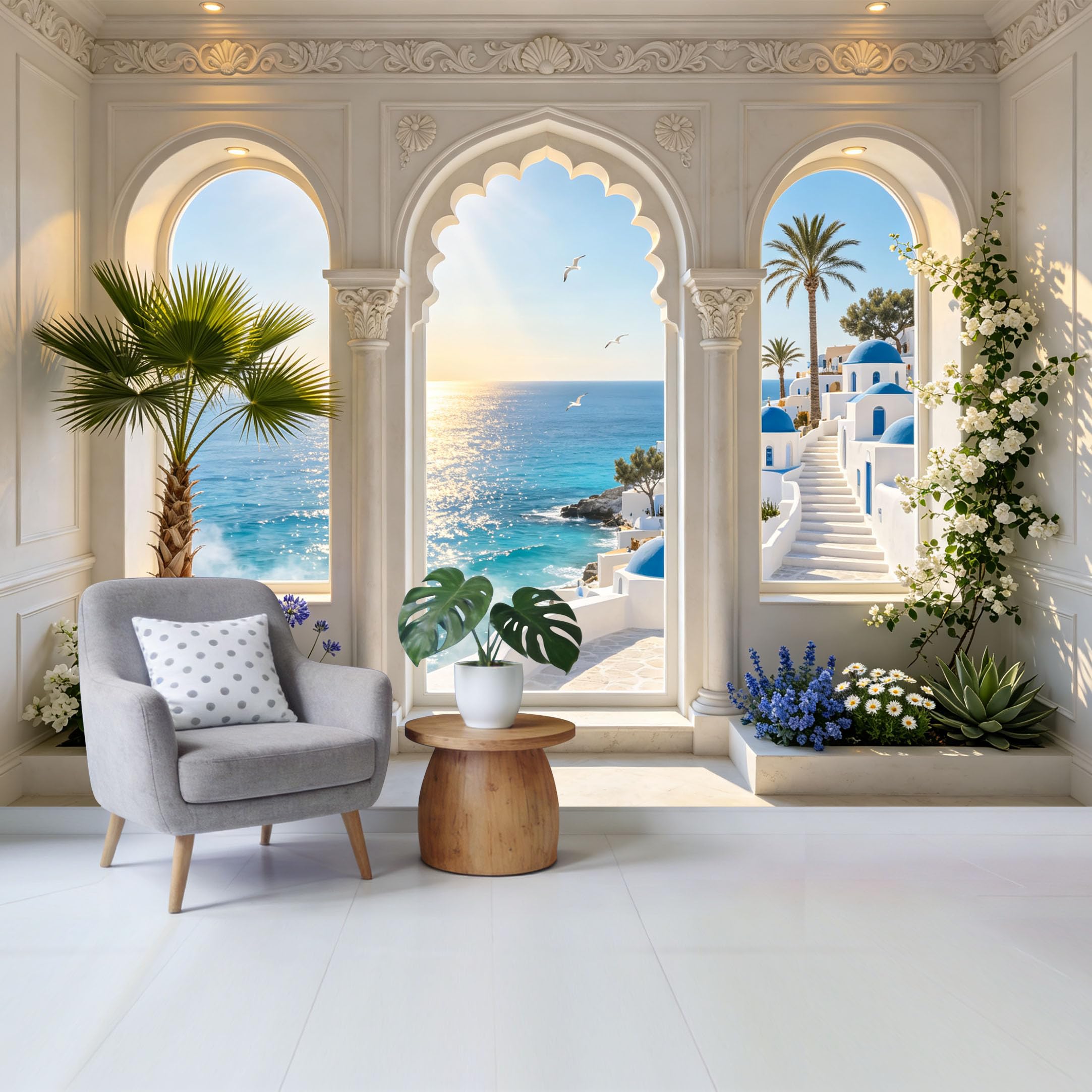 Custom Size Wall Mural Mediterranean Coastal Ocean View White Architecture Palm Trees Blue Dome Buildings Removable Self Adhesive Fabric Home Wall Decor for Living Room Bedroom Bathroom
