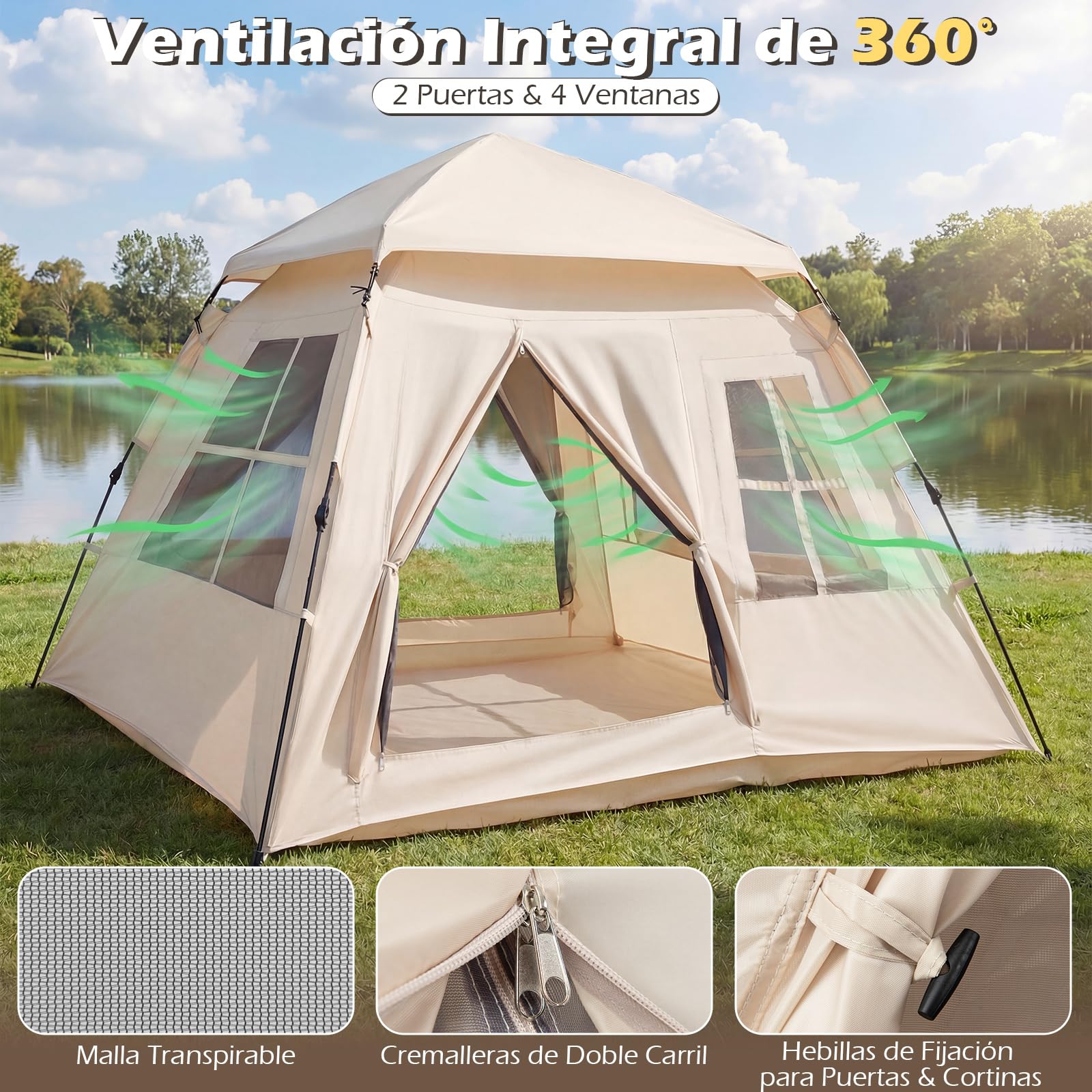 COSTWAY Tienda Campaña 4 Personas Pop Up con Ventanas Malla y Puertas, Toldo Lluvia, Portátil 230x230x152 cm