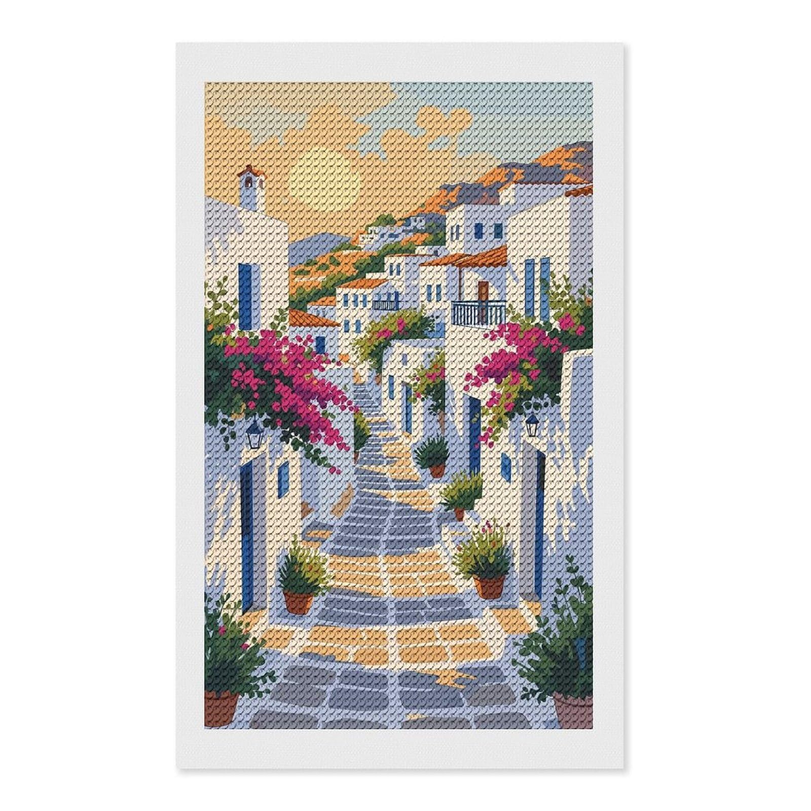 Junmoney Greek Village Street Scene Illustration Diamond Painting Kit 12"x20", Adhesive Canvas, Home Wall Decor, for Beginners, Birthday Gift, Full Kit Included