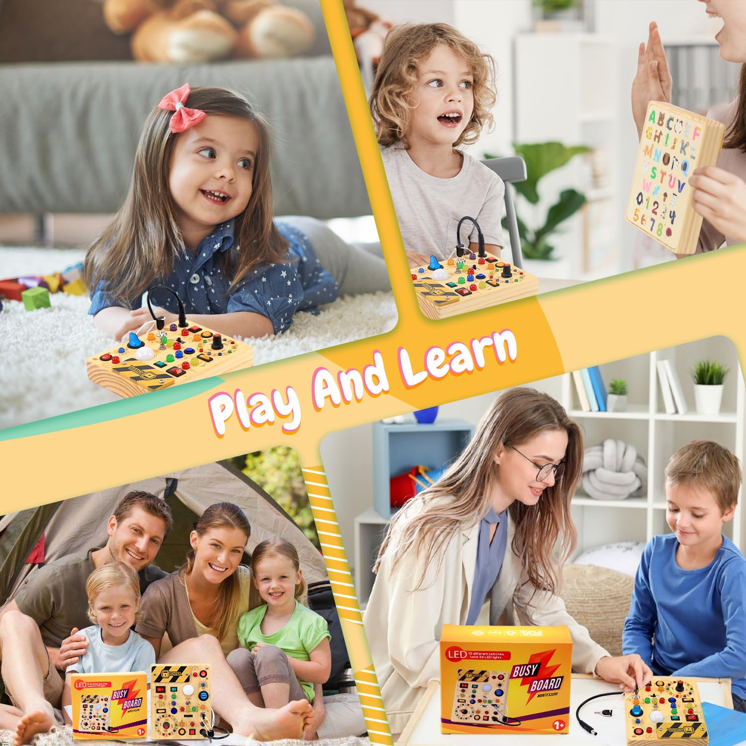 Tablero de actividades con interruptores de luz LED, juguetes Montessori para niños de 1, 2, 3 años, tablero de actividades sensoriales de madera para niños pequeños, juguetes de viaje para niños y 4