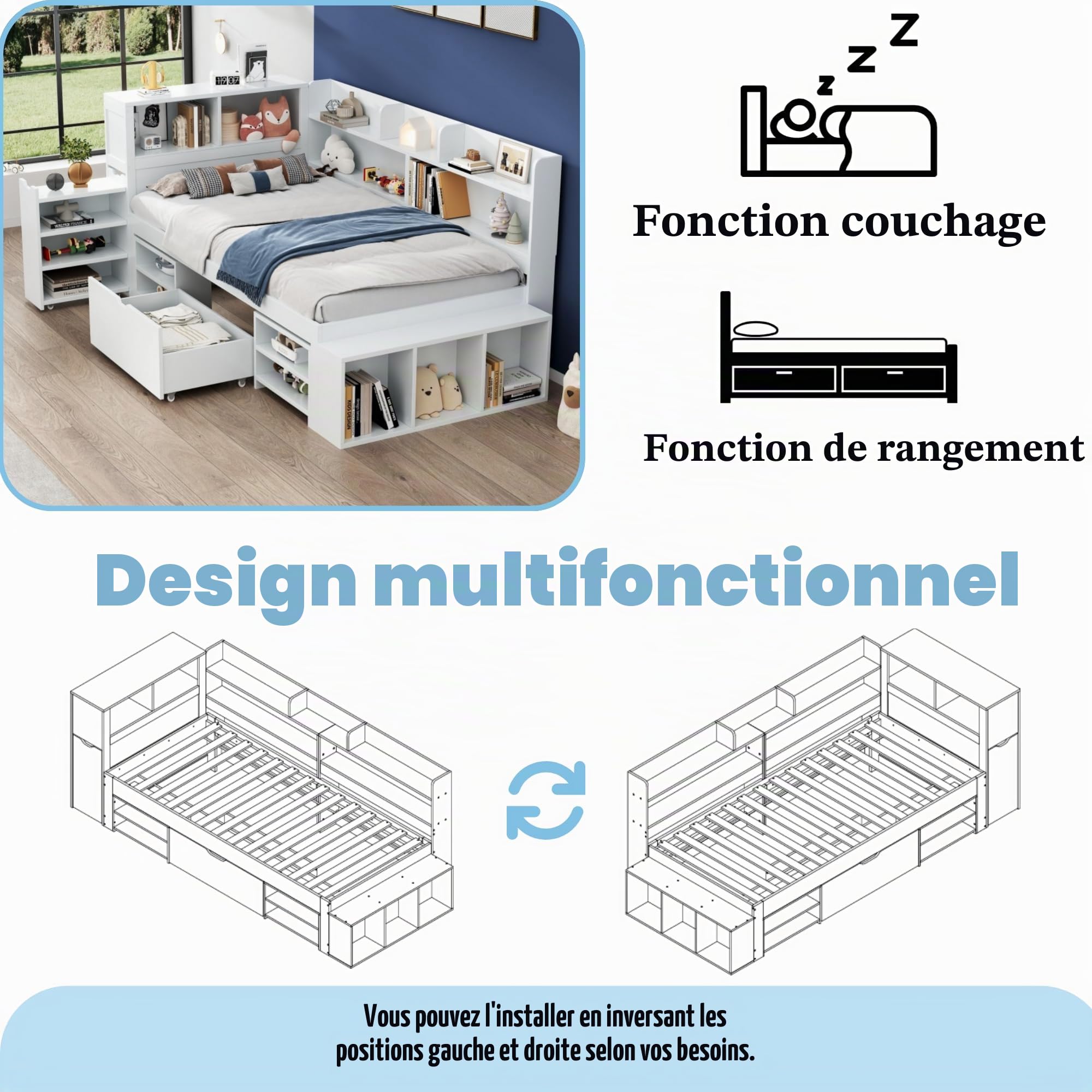 Zepneiy Lit Enfant 90x190 avec tiroirs et étagères, Lit Simple 90x200 multifonctionne avec Grand Espace de Rangement et sommier à Lattes, Crade de Blanc (sans Matelas)