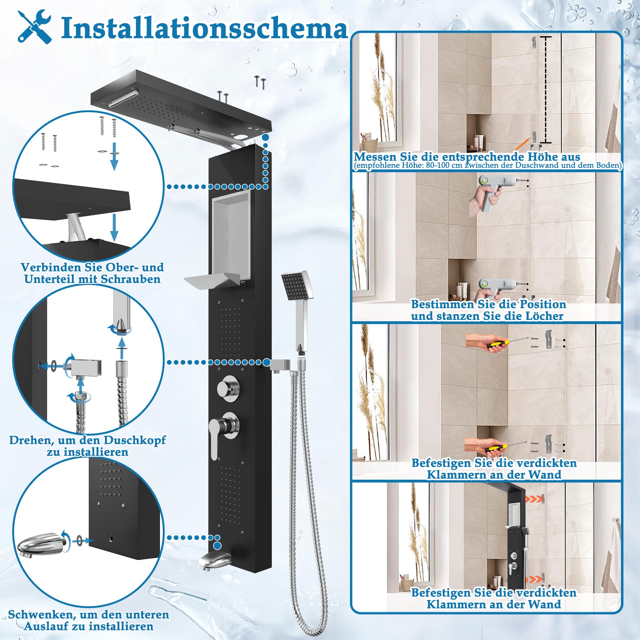 LZQ Panel de ducha de acero inoxidable, sistema de ducha de 5 funciones con ducha de lluvia, cascada, 2 chorros de masaje, ducha de mano y salida de bañera, juego de ducha montado en la pared (negro)