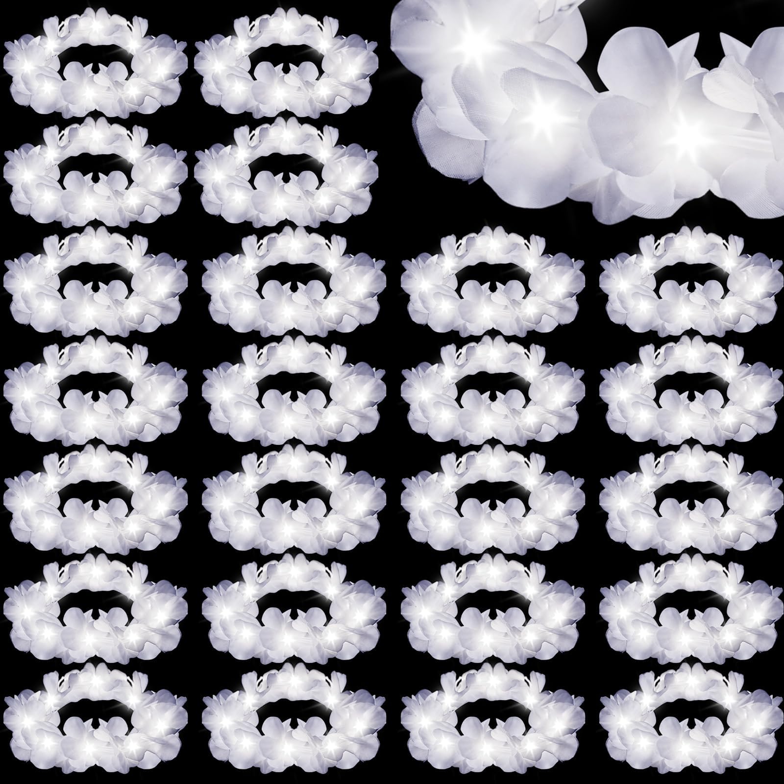 Retrowavy 24 Pcs LED Flower Crown Wreath Headband Fairy Flower Girl Headpiece Light up Hair Accessories for Wedding (White)