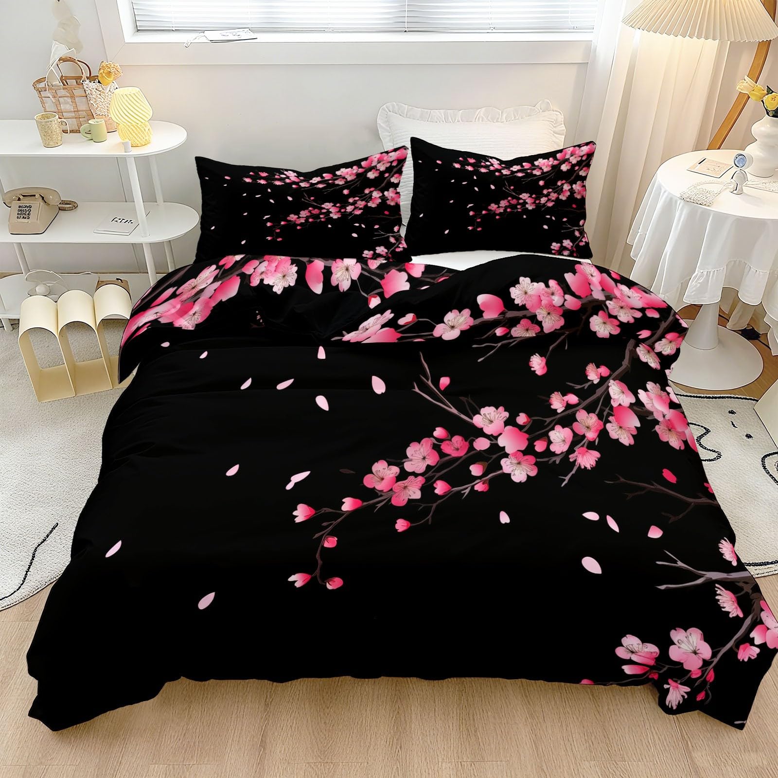 Housse de couette fleurs de cerisier pour une chambre parentale zen au style minimaliste japonais