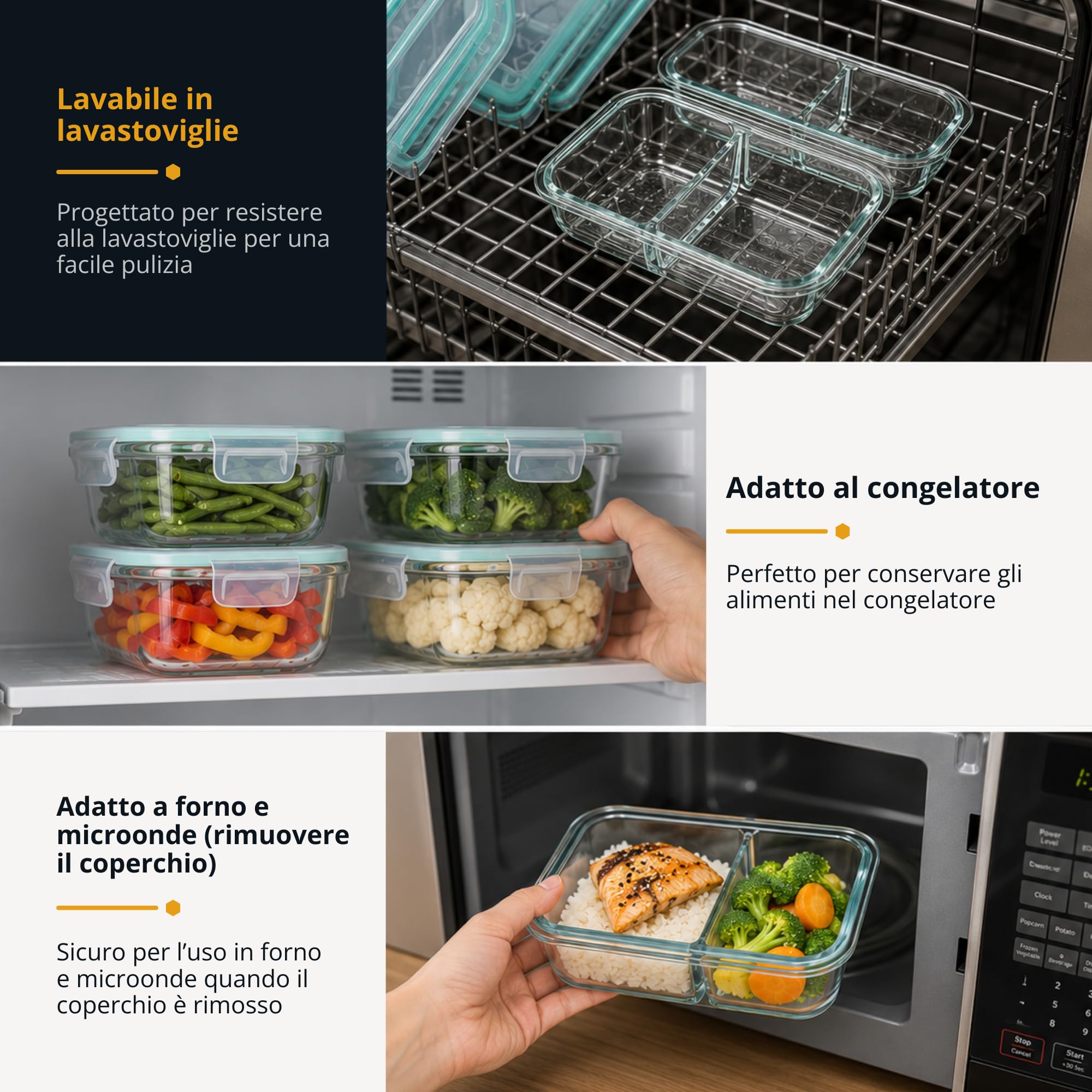Winter Shore Contenitori Vetro con Coperchio e 2 Scomparti (5 Pezzi) - Bento Box di Qualità Alimentare, Senza BPA, a Prova di Perdite - Set Contenitori Vetro per Microonde, Freezer, Lavastoviglie