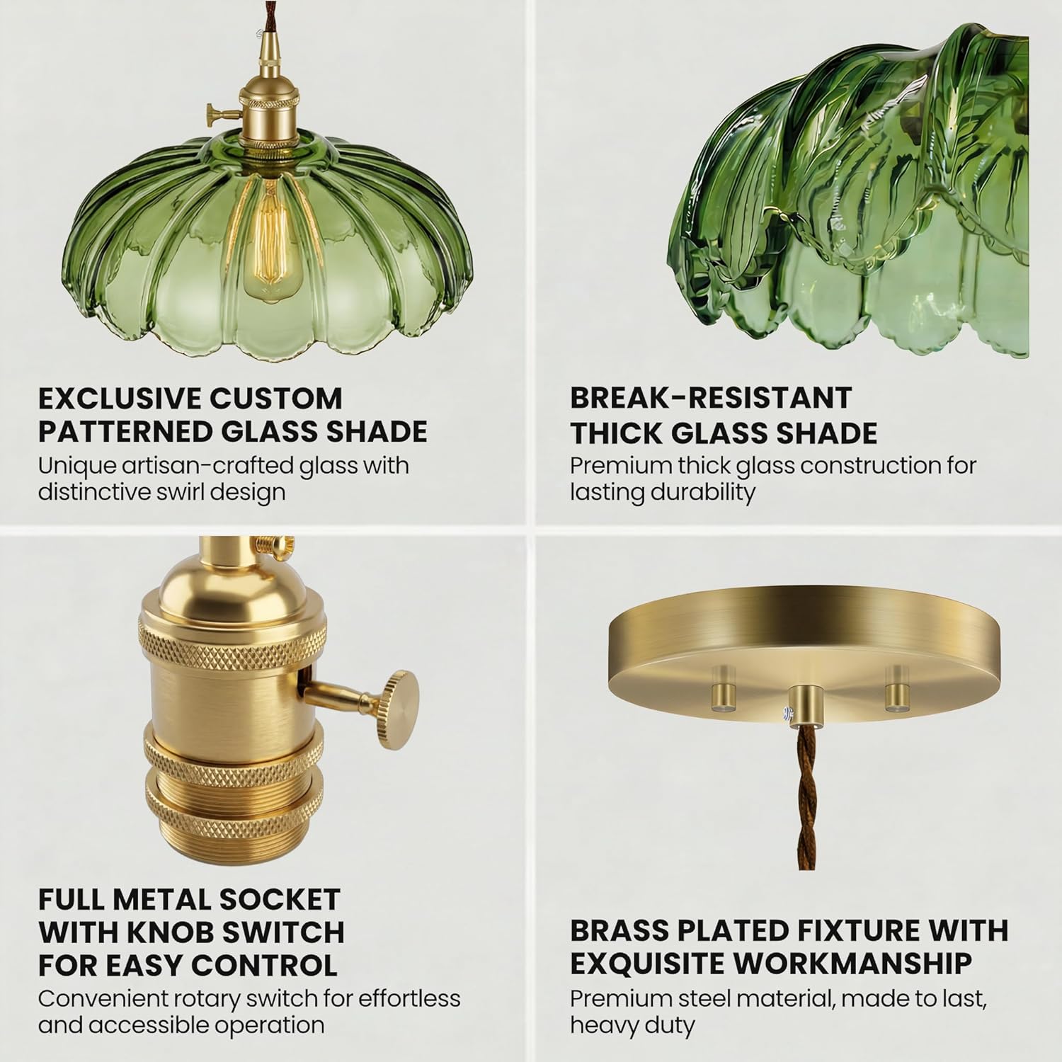 Pendant Light Fixture, Hanging Light Fixture, Glass Shade Pendant Light with Rotary Switch, Modern Lamp for Kitchen Island, Bedroom, Dining Room, Living Room (Green Lotus, Hard-Wired)