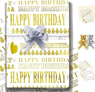 Birthday Wrapping Paper，4 Gold Gift Wrapping Paper Floded 85 * 60cm with 4 Bows,2 Cards,4 Tags，Gift Wrap Pack for Kids,Baby,Female,Male on Birthday