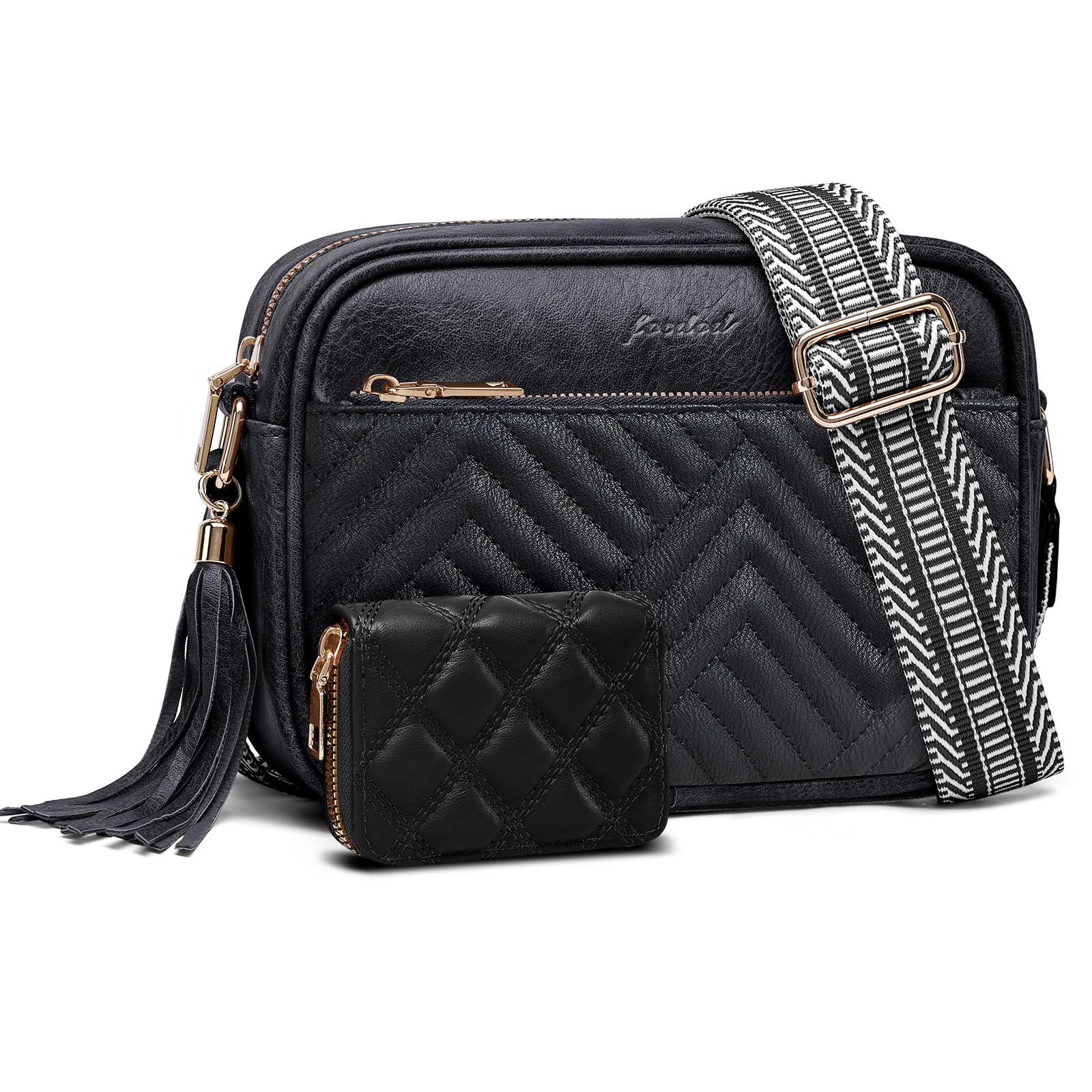 Crossbody Bags for Women Shoulder Handbags Quilted Wallet Set Vegan Leather Purses with Tassel Adjustable Guitar Wide Strap