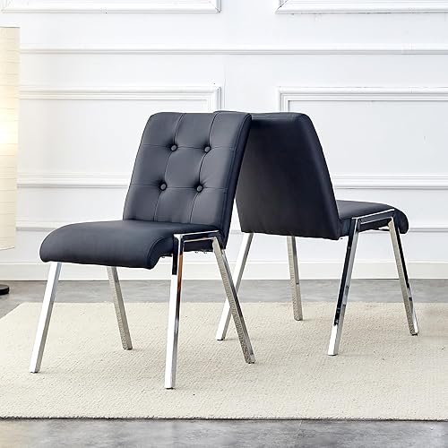Miniatura 4 de Juego de 2 sillas de comedor, modernas sillas de comedor sin brazos con asiento tapizado de piel sintética suave y respaldo alto con patrón de