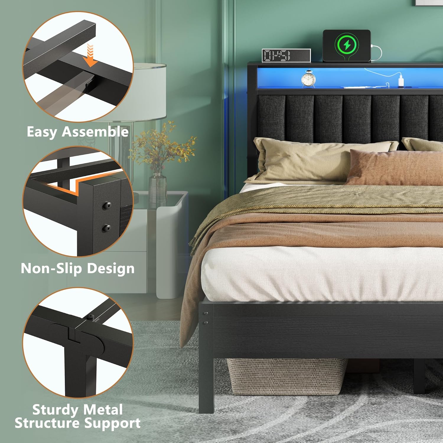 Furnulem Queen Size Bed Frame with Charging Station and LED Lights, Platform Bed with Metal Slats, Grey Upholstered Headboard with 2-Tier Storage Shelves, No Box Spring Needed