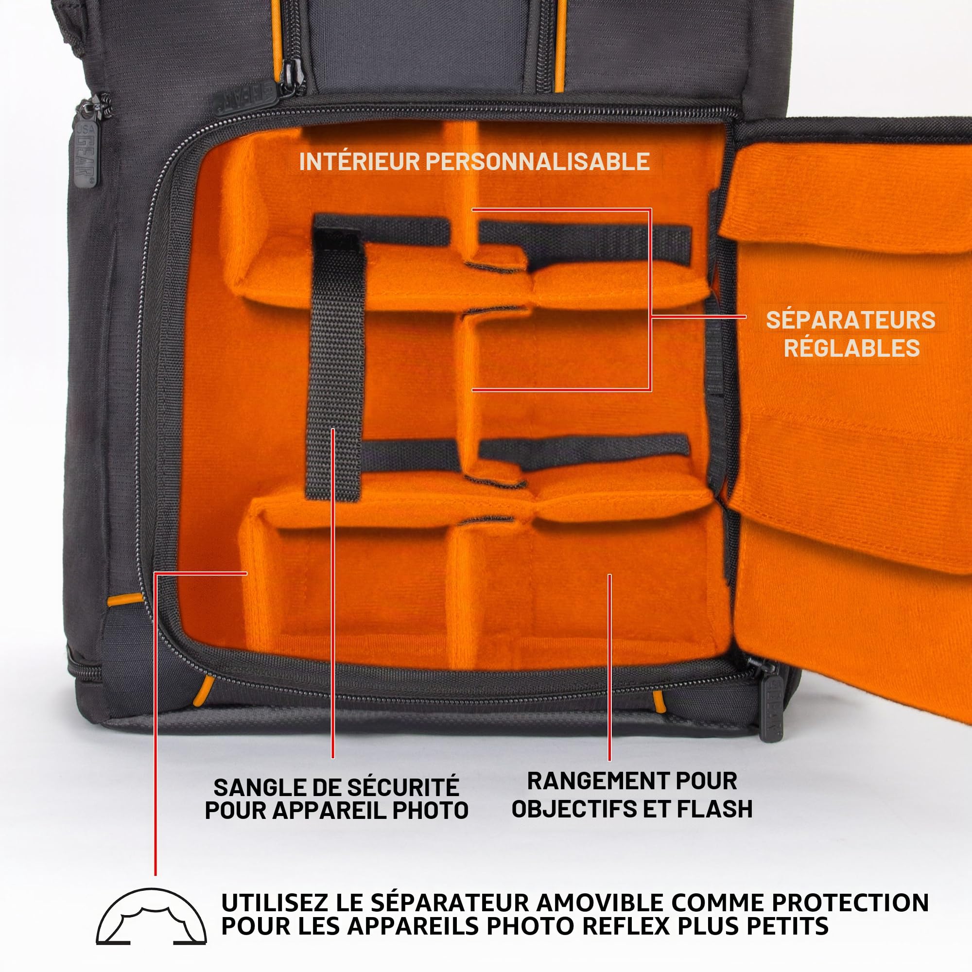 USA Gear Sac à Dos Appareil Photo Réflex Numérique avec Support Trépied, Compartiment Ordinateur Portable et Rangements Accessoires - Sac Photo Compatible avec Canon, Nikon, Pentax et Plus - Orange