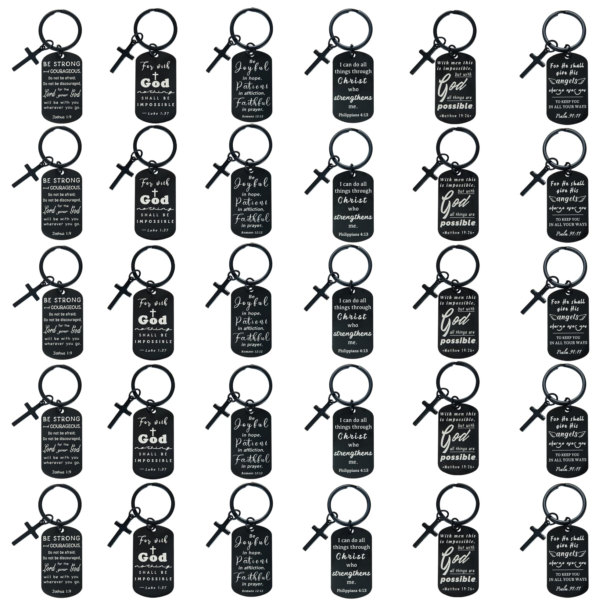 kilofly 30 Pcs Christian Inspirational Bible Verse Keychain Gift Cross Charm, Black, 1.9 Inch