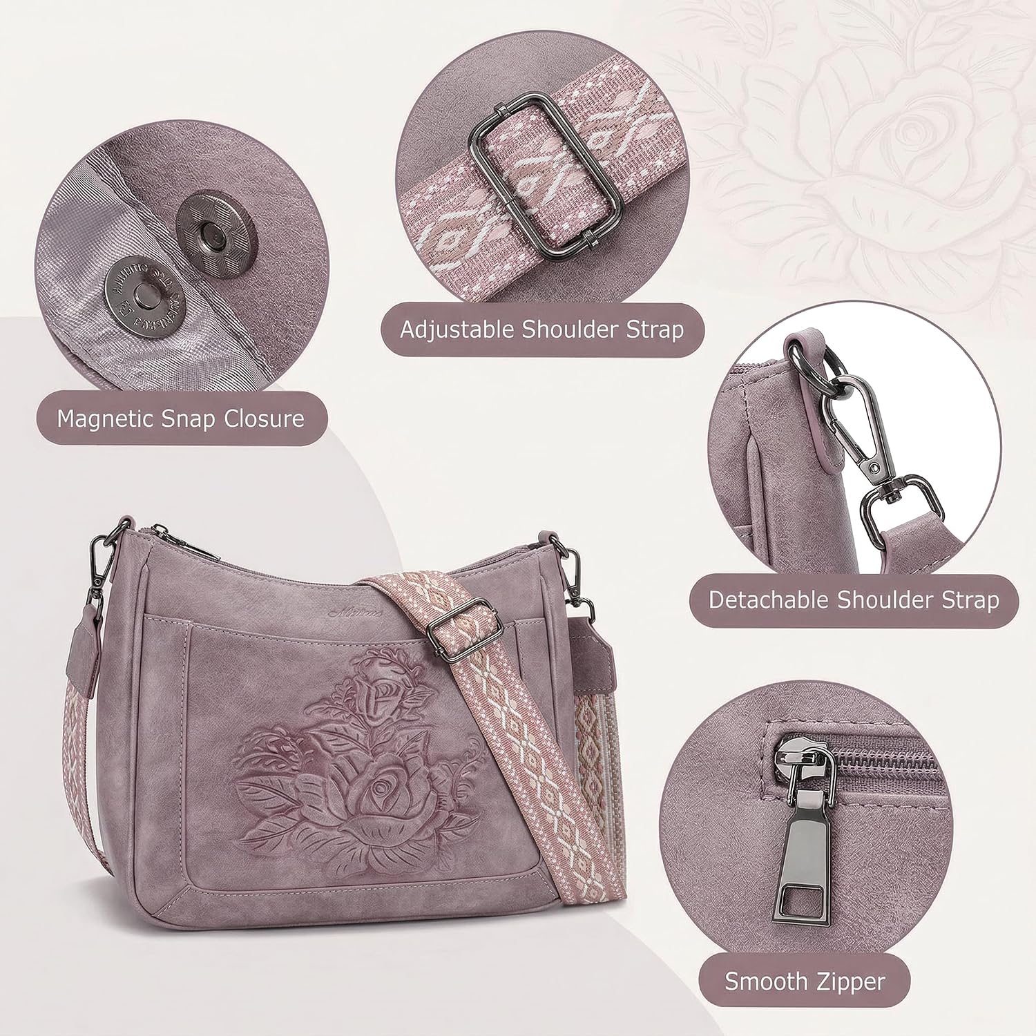 MEITRUE Crossbody Bags for Women,Rose Embossed Vegan Leather Medium Hobo Purse with Strap Travel Shoulder Handbag