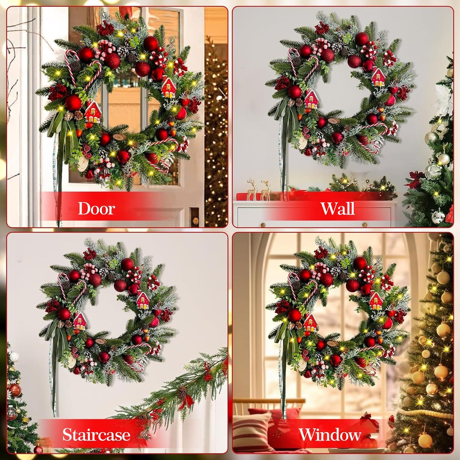 Corona artificial de Navidad para puerta con guirnalda de hoja perenne, adornos de bastón de caramelo, piñas, bayas y lazos para decoración de pared interior y exterior