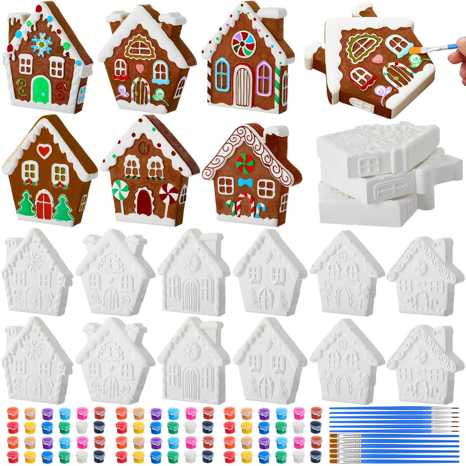 Vertintong 18pcs Ceramic Christmas Gingerbread Village House to Paint Craft Kits, Xmas Paintable Ceramics Plaster Crafts with Paint Brushes for Xmas Party Art Project DIY Tabletop Decoration