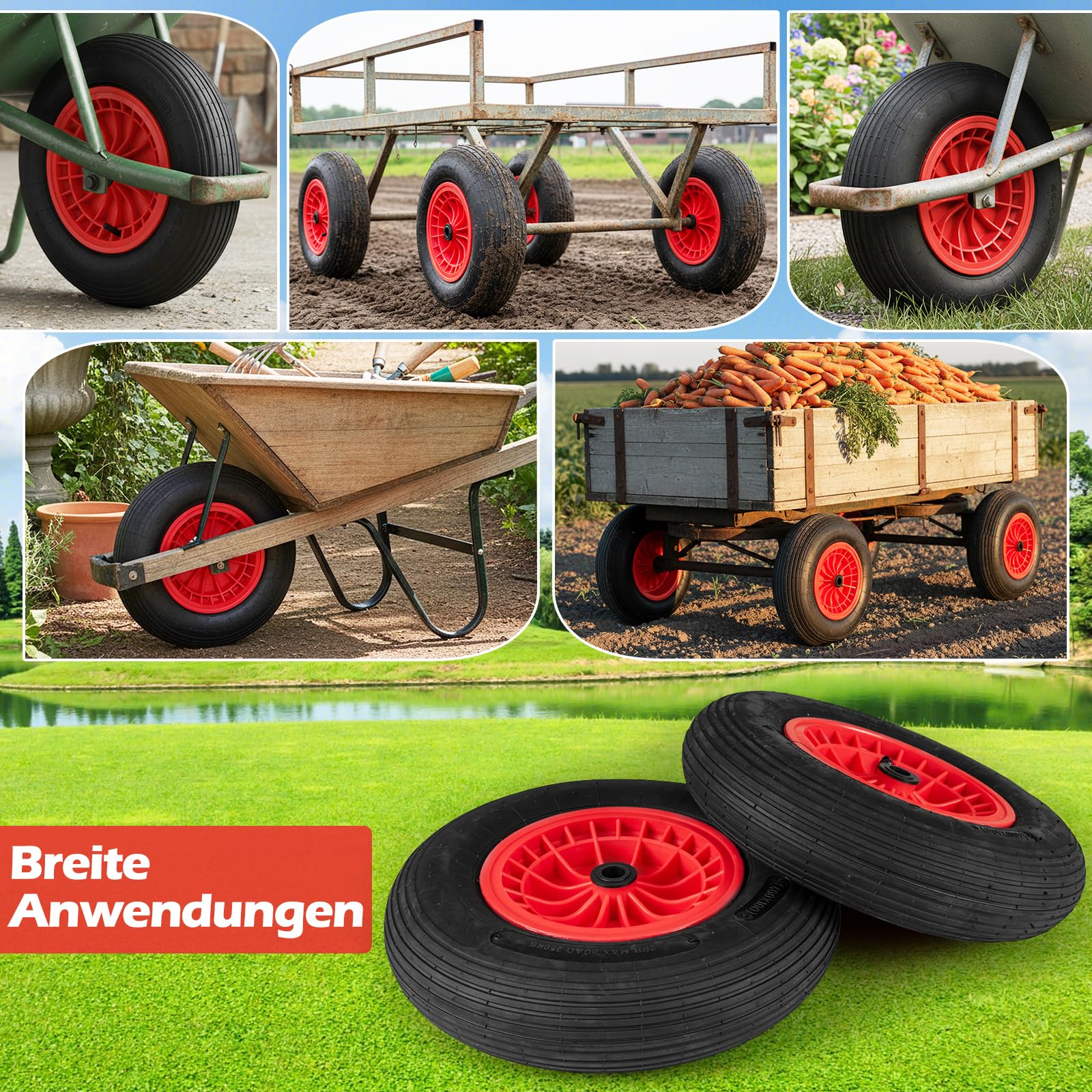 GYMAX 4.80/4.00-8 Ø 400mm Schubkarrenrad, Schubkarrenreifen vollgummi mit 20 mm Achse, zentrierte Nabe 8,8 cm, Geländereifen für Schubkarre, Sackkarre & Transportwagen, max. Traglast 250 kg (2)