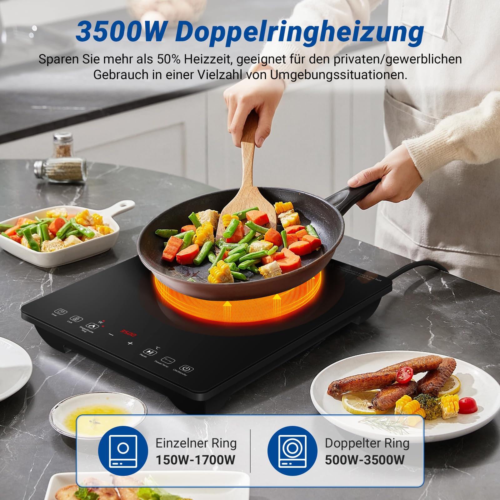 AMZCHEF Induktionskochplatte Einzel, 3500W Induktionskochfeld mit Doppelter Ring, 9 Stufen, Sicherheitssperre