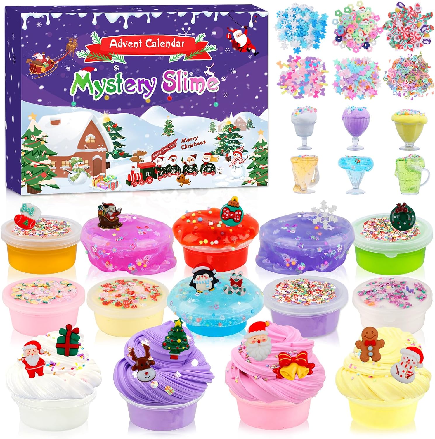 Slime Kit Advent Calendar 2025 for Kids, DIY Christmas 24 Days Countdown Surprise Kit, Party Favors Birthday Gifts for Boys Girls, Fluffy Butter Xmas with Cute Charms Stress Relief Toy for Kids